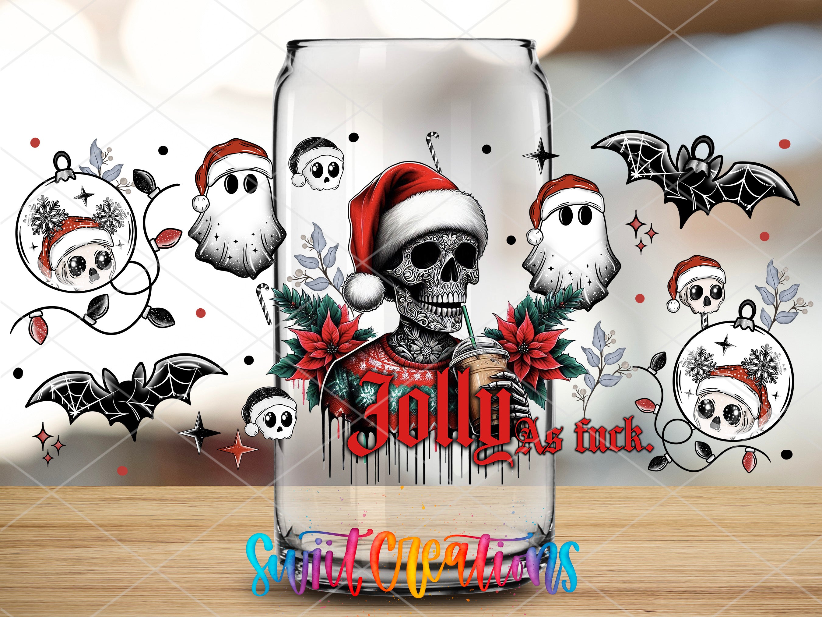 a glass with a skull in a santa hat on it