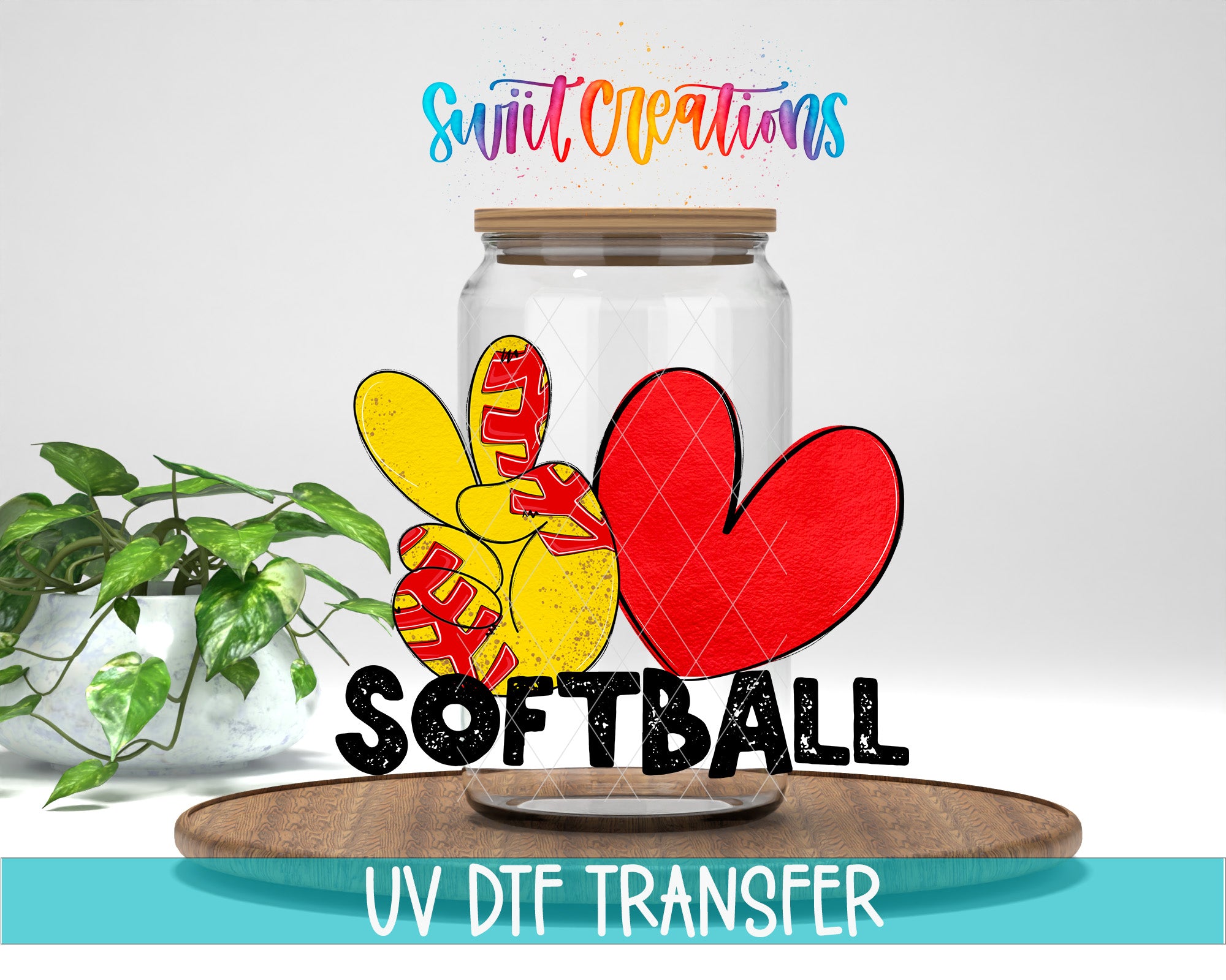 a glass jar with a lid, containing a peace sign and a red heart, along with the text "SOFTBALL" and "UV DFT TRANSFER".