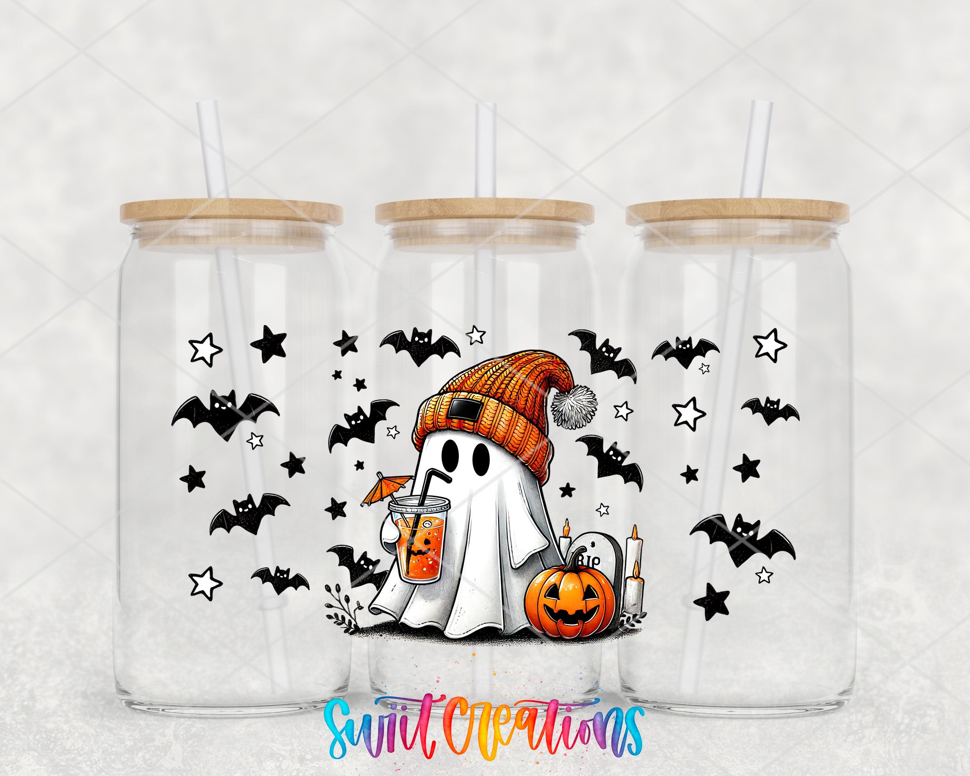 A Halloween-themed glass with a ghost wearing a hat and holding a pumpkin, surrounded by bats and stars.