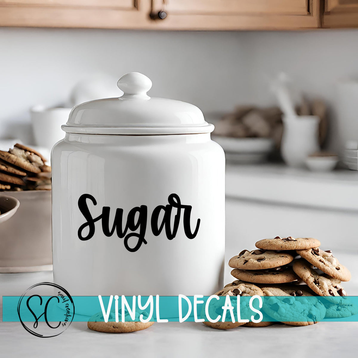a cookie jar sitting on top of a counter next to cookies
