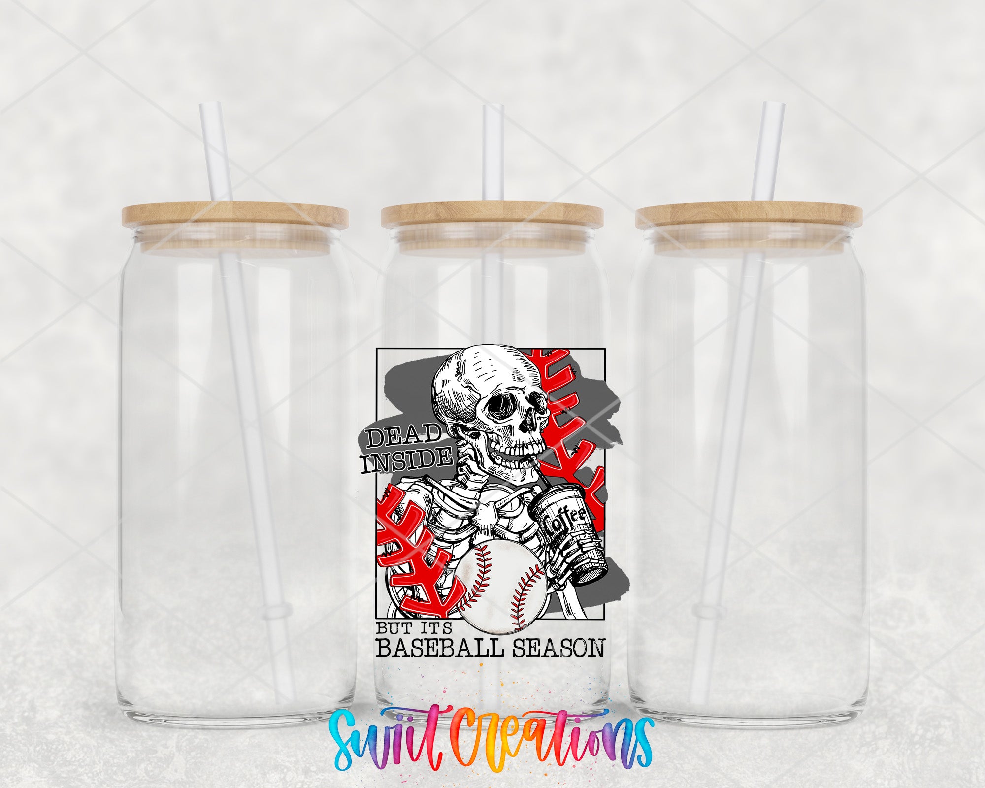 two clear plastic cups with wooden lids with a skeleton holding a baseball bat