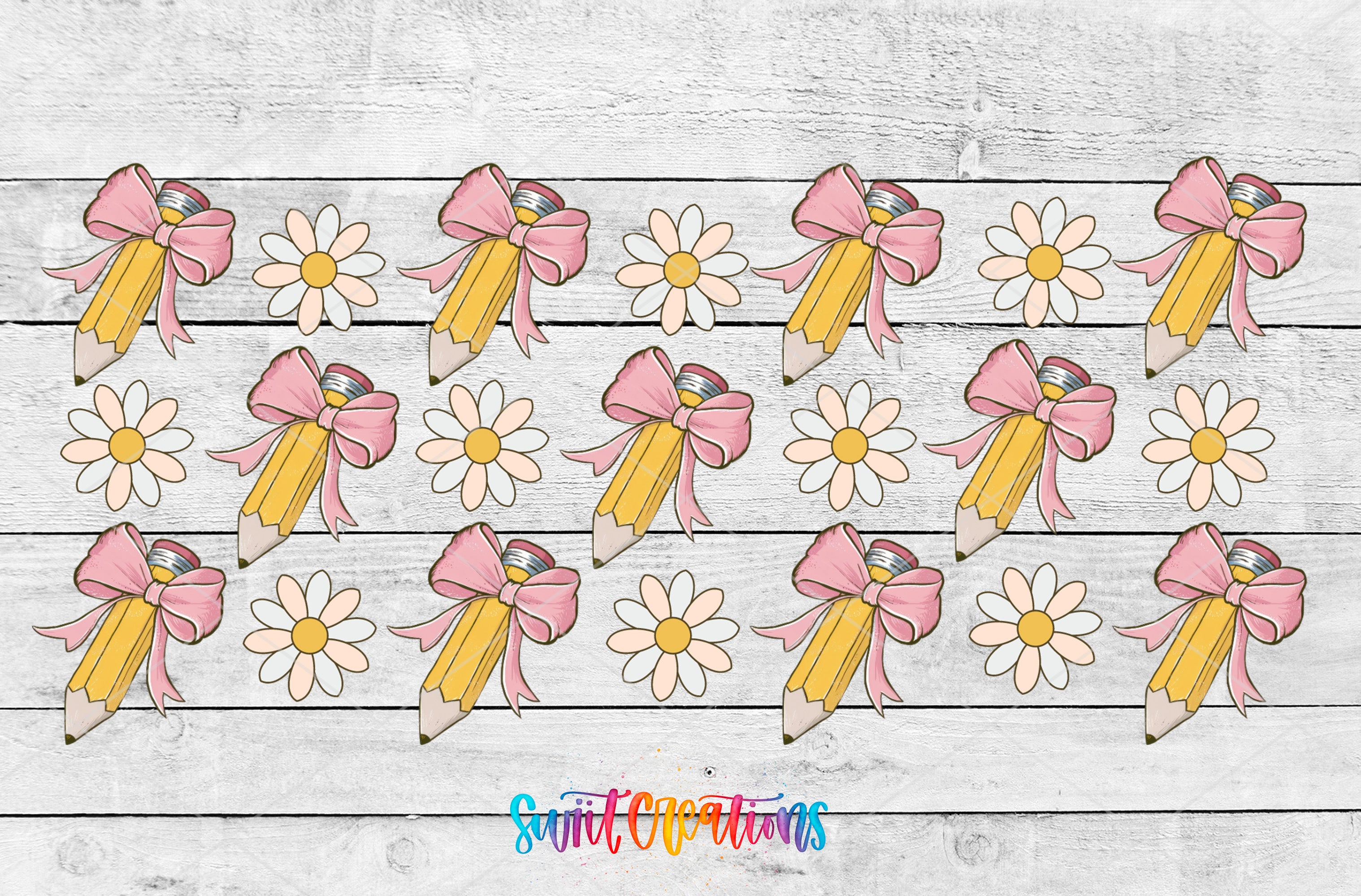 The image is a collage of various pencils and flowers arranged in a repeating pattern on a wooden background.