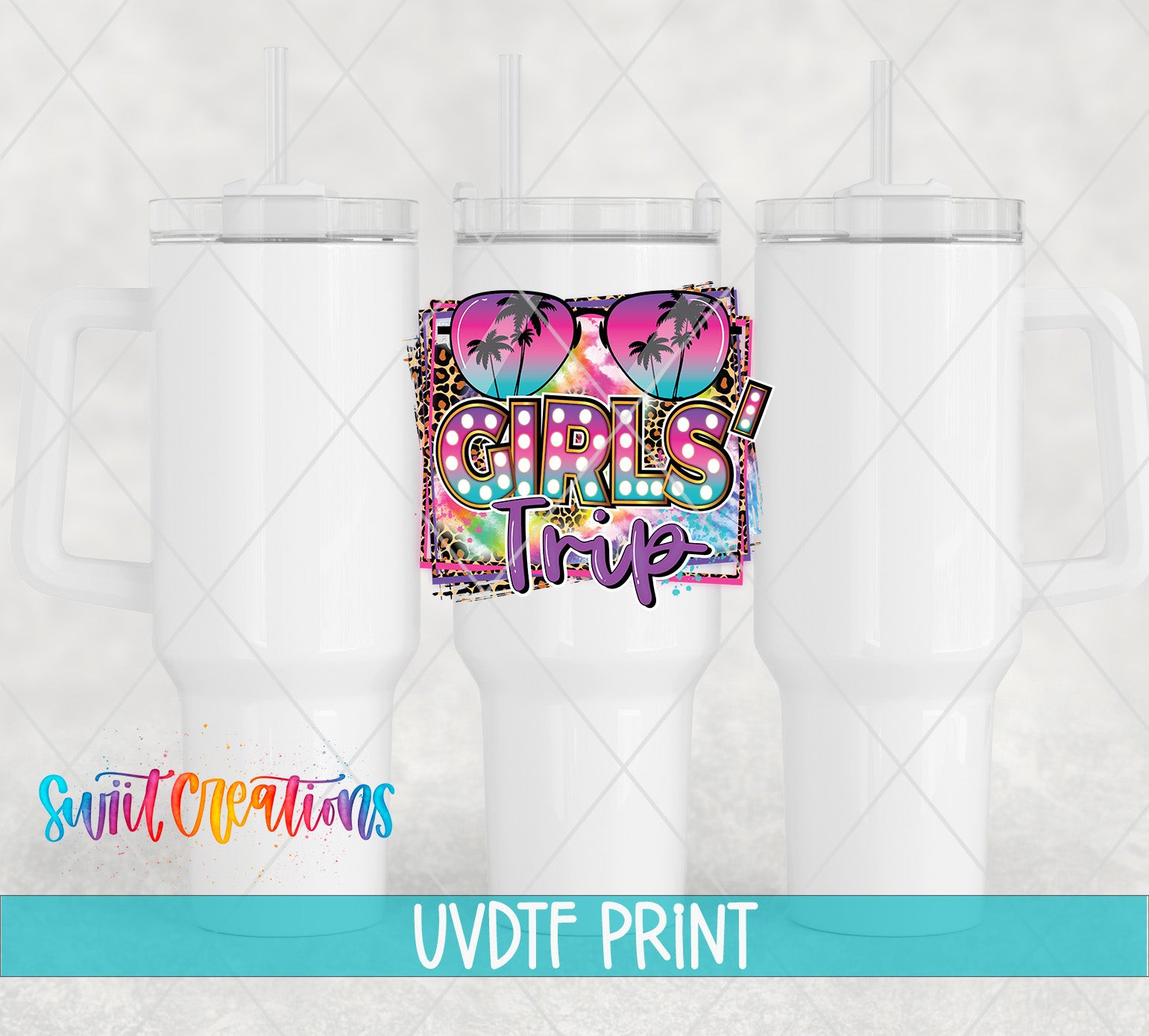 a pair of white coffee mugs with the words girls trip on them