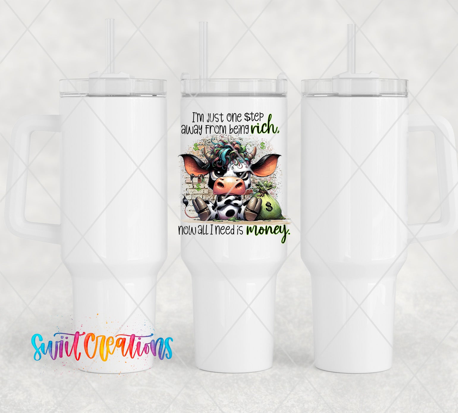 two white travel mugs with a cow on them