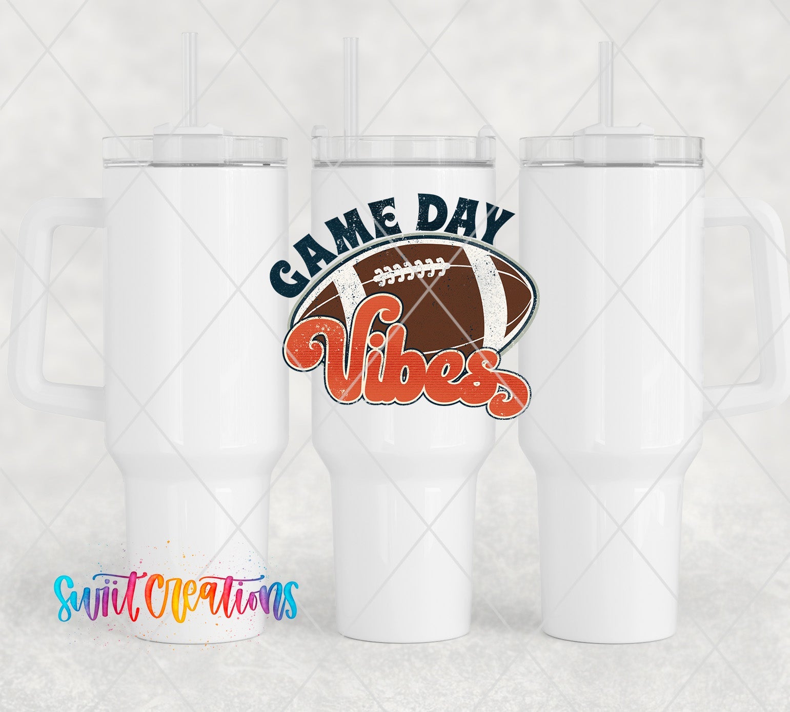 a white tumbler with a football and game day vibes on it