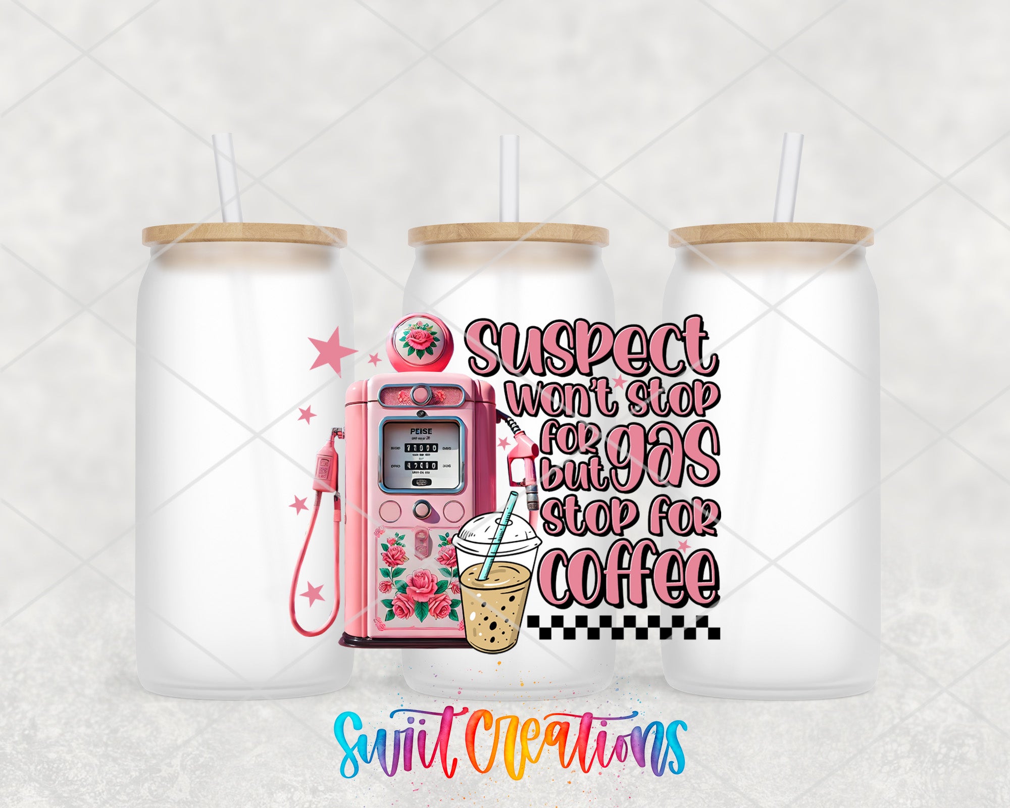 two coffee mugs with a pink phone on them