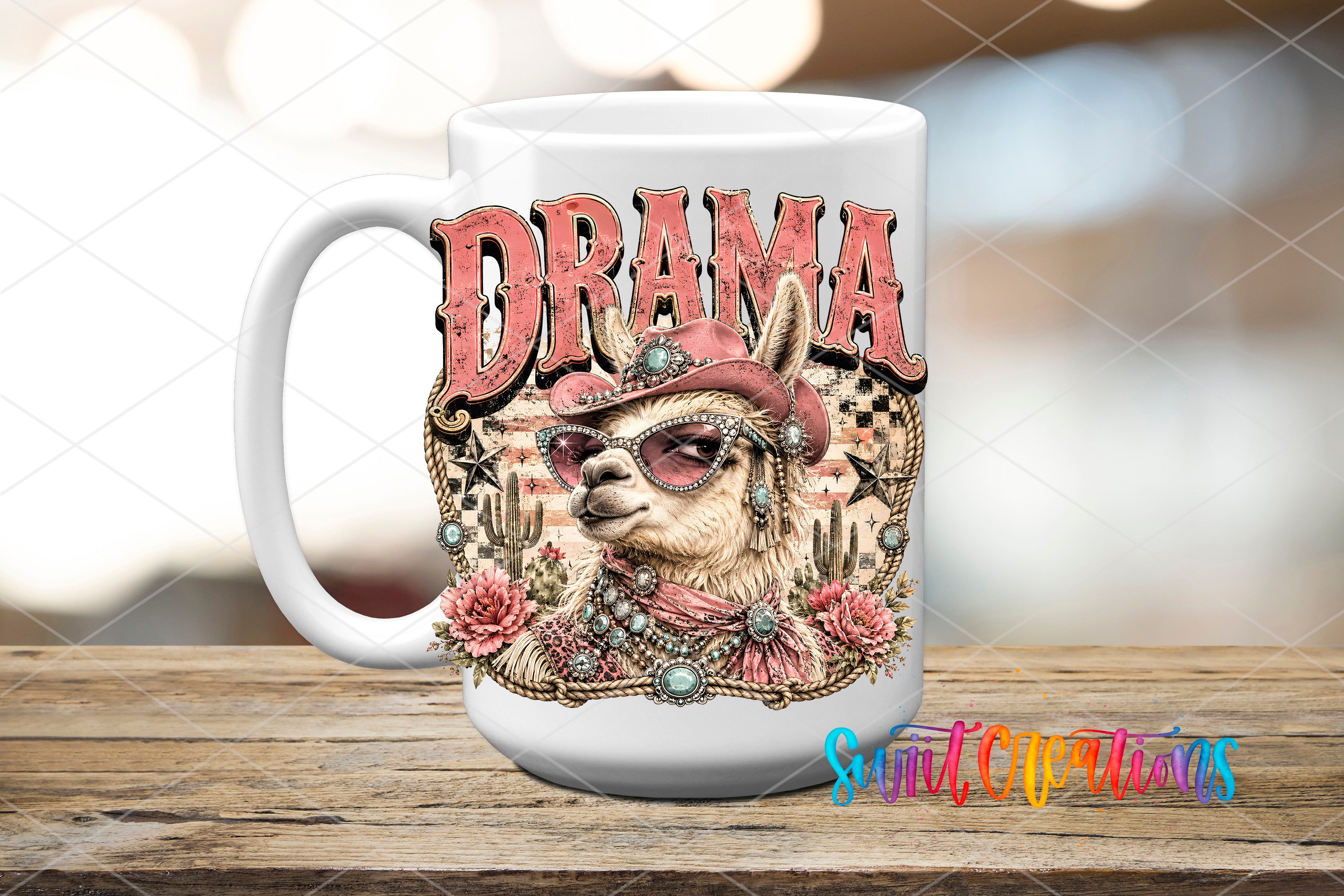 A white ceramic mug with a colorful graphic design featuring a llama wearing sunglasses and a hat, surrounded by flowers and other decorative elements.