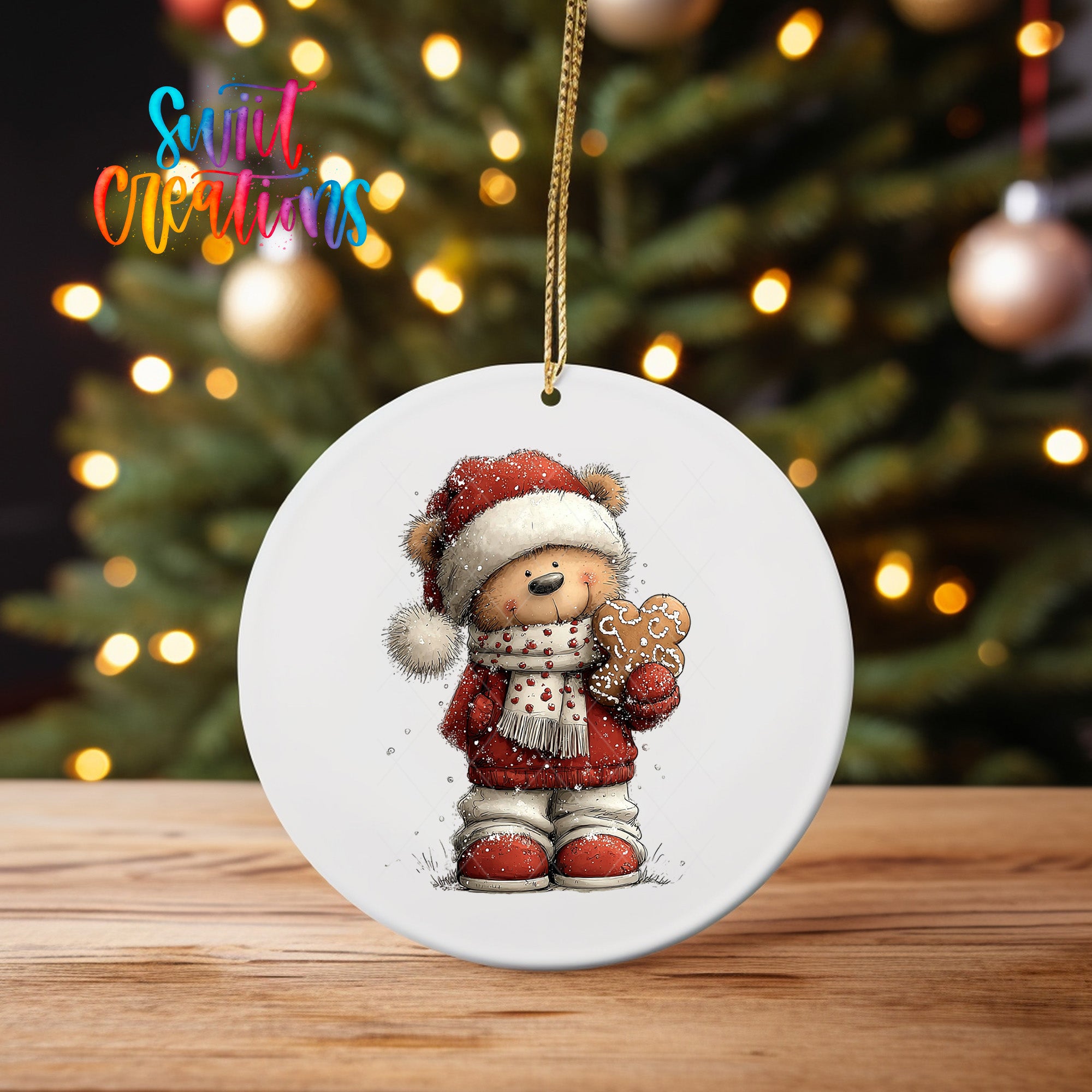 A white ceramic ornament featuring a teddy bear wearing a Santa hat and holding a gingerbread man, set against a blurred background of Christmas lights.