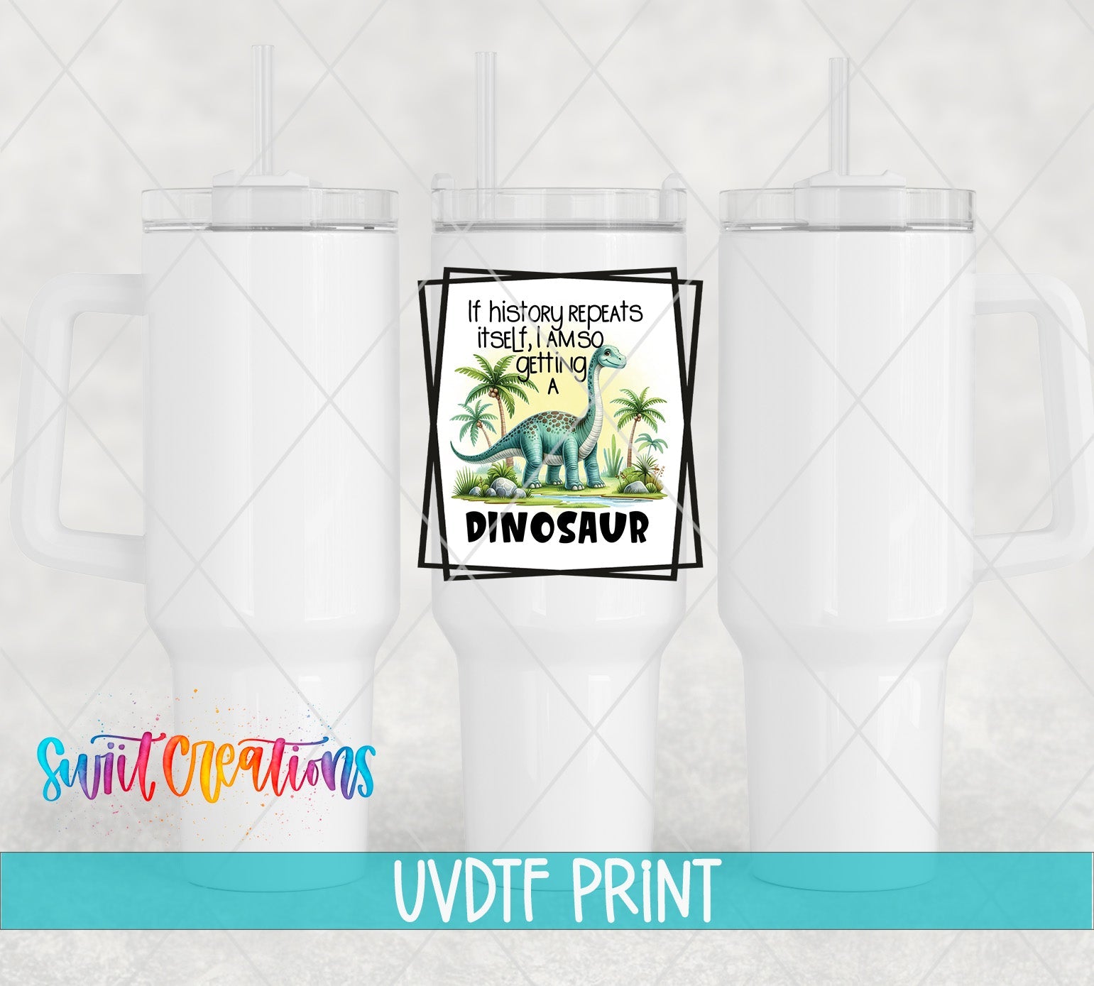 a set of three white tumblers with dinosaurs on them