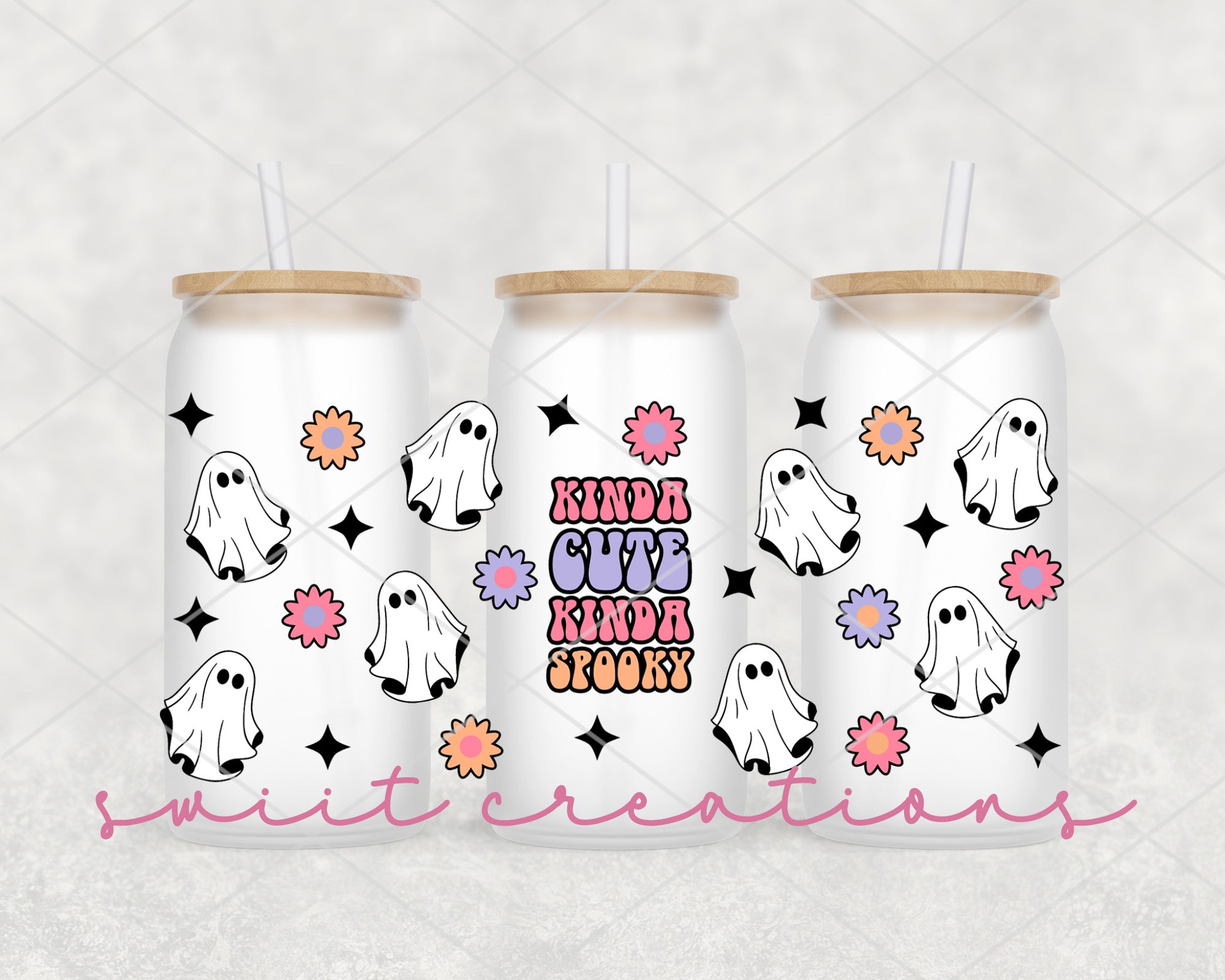three personalized halloween tumblers with white dogs on them