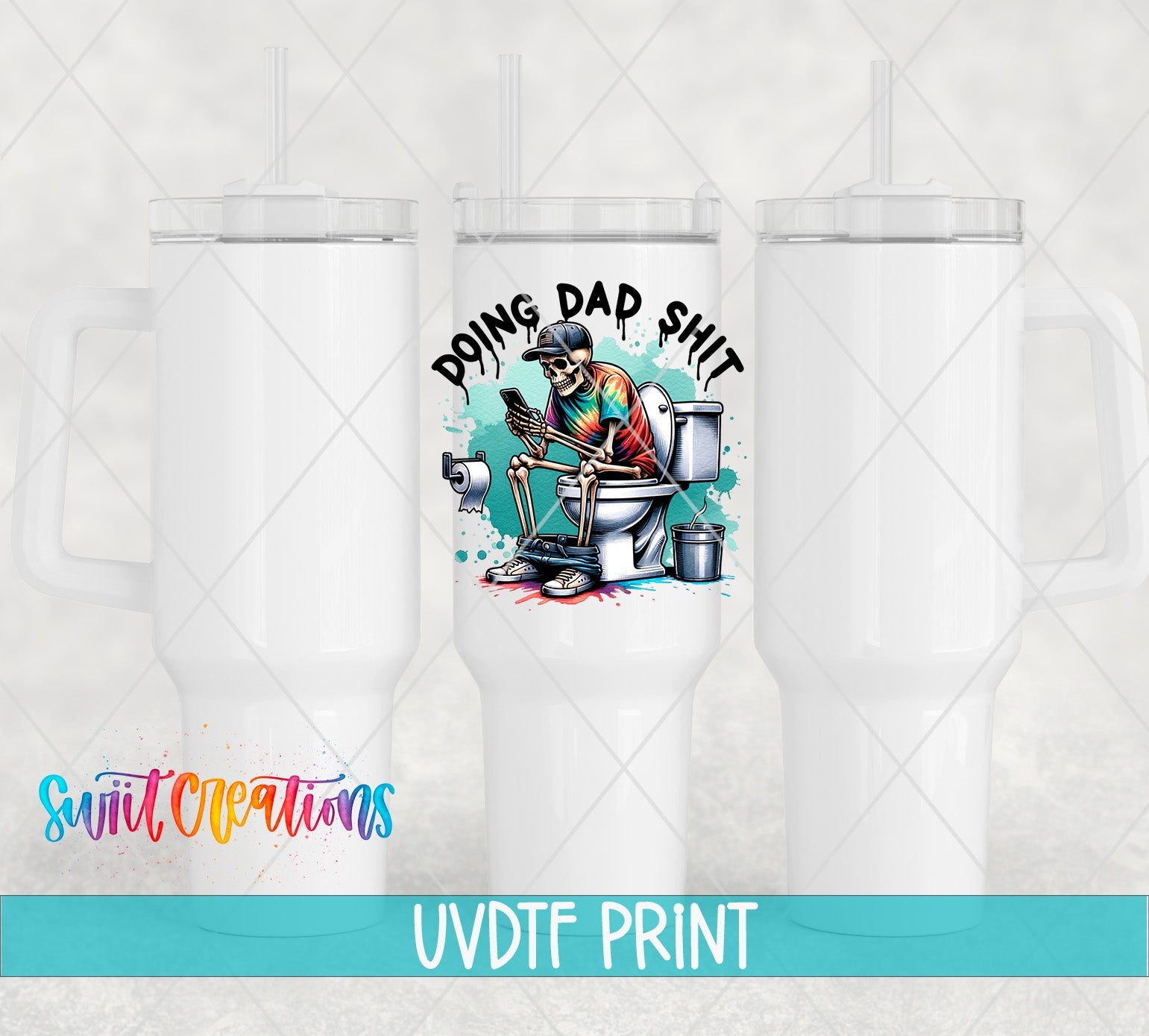 three white tumblers with a graphic of a man sitting on a toilet