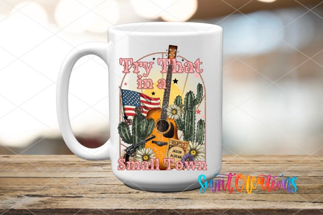 a white coffee mug with a guitar on it