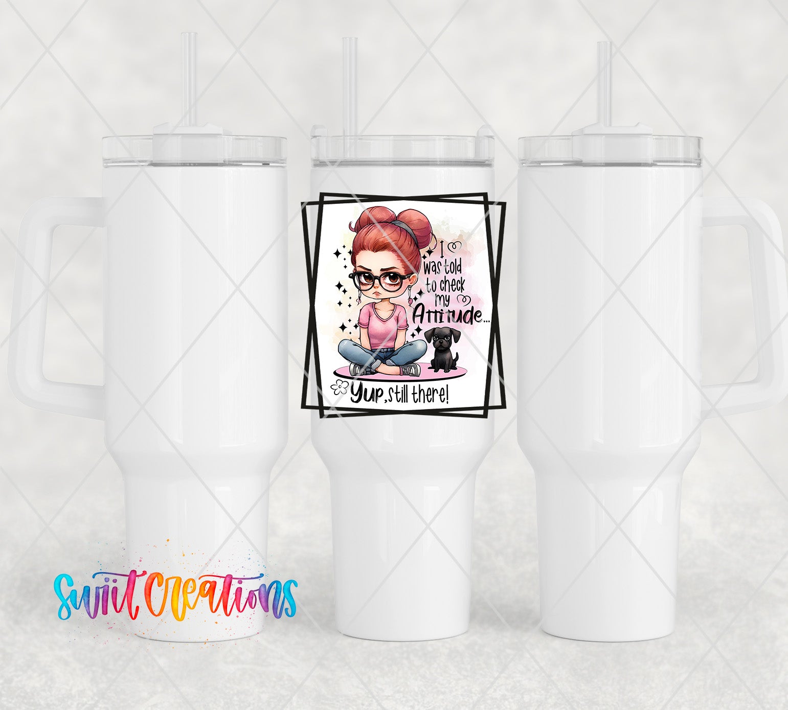 a white cup with a picture of a woman on it