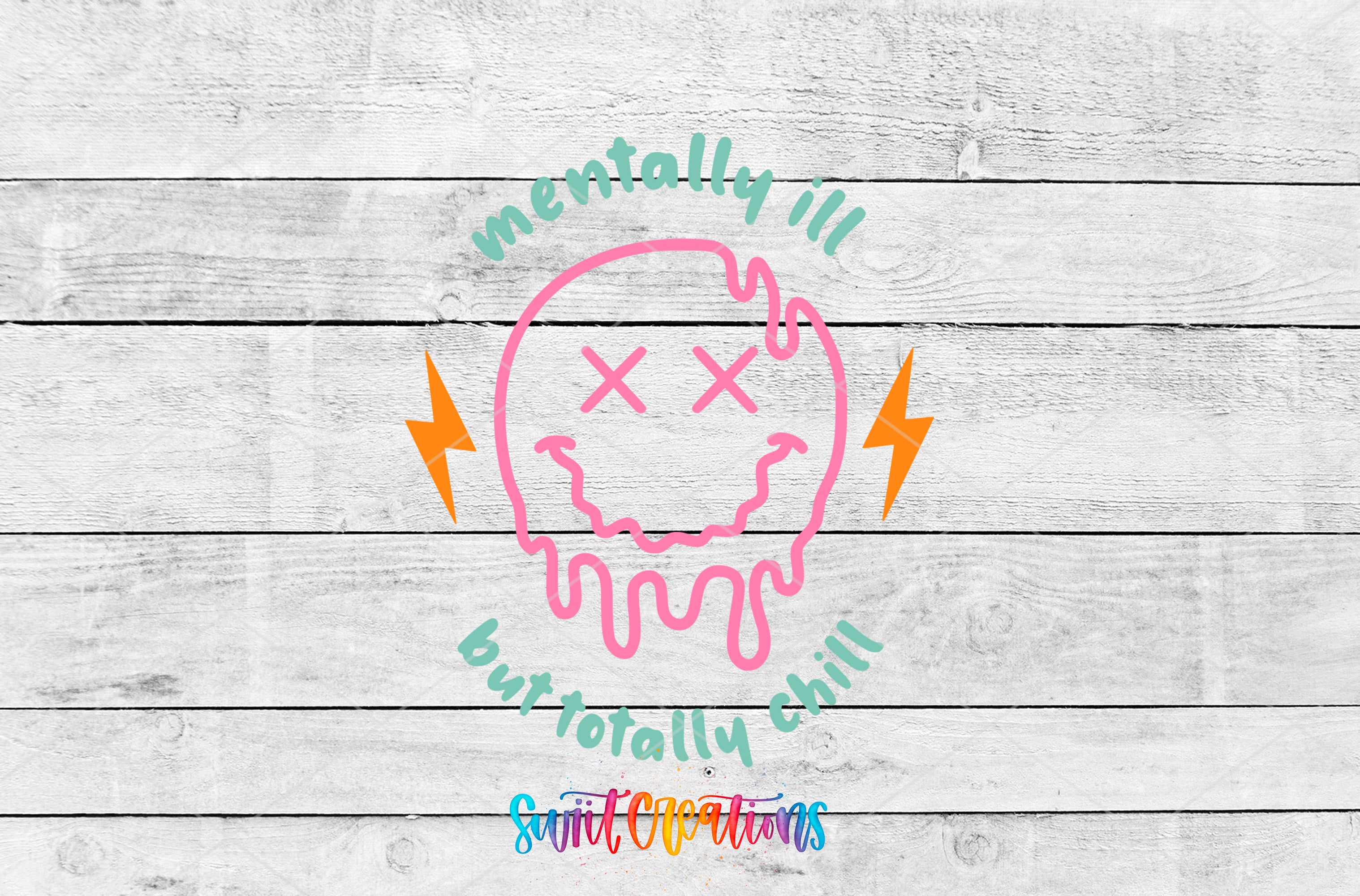 a colorful graphic design with a pink dripping face and text around it.