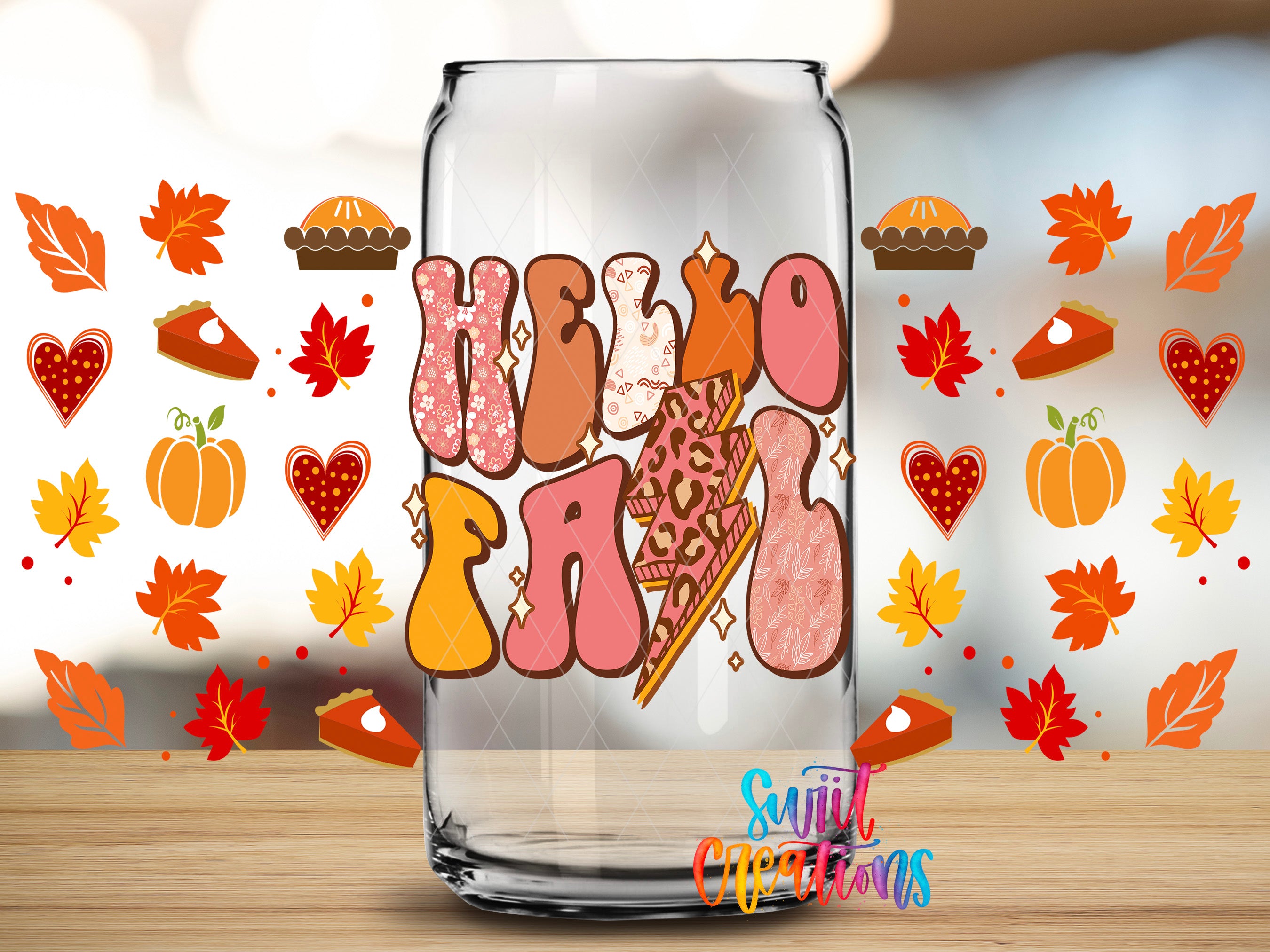 A glass jar with the text "Hello Farm" printed on it, surrounded by various fall-themed illustrations such as leaves, pumpkins, and pies.