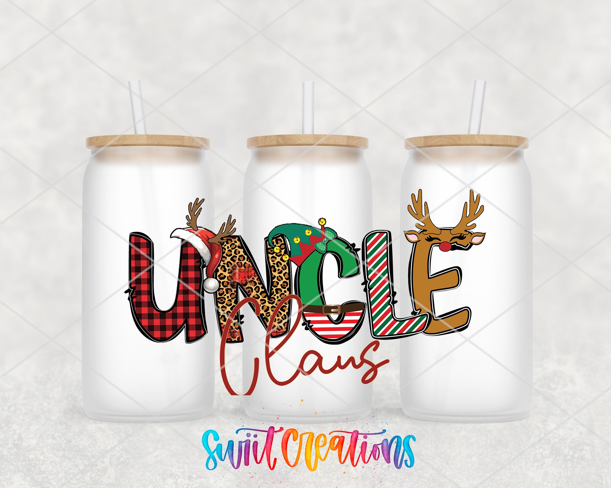 three personalized tumbles with the word uncle claus on them