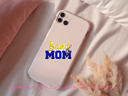 Gold and Blue Band Mom sticker on a pink phone case