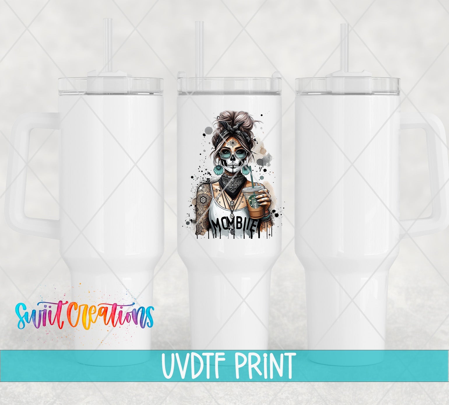 a white tumbler with a picture of a clown on it