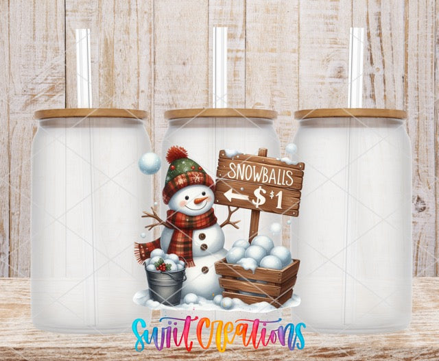 a snowman with a hat and scarf is in front of a sign that says