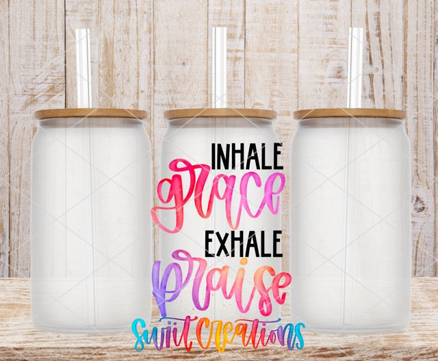 two white tumbles with the words inhale grace and praise on them
