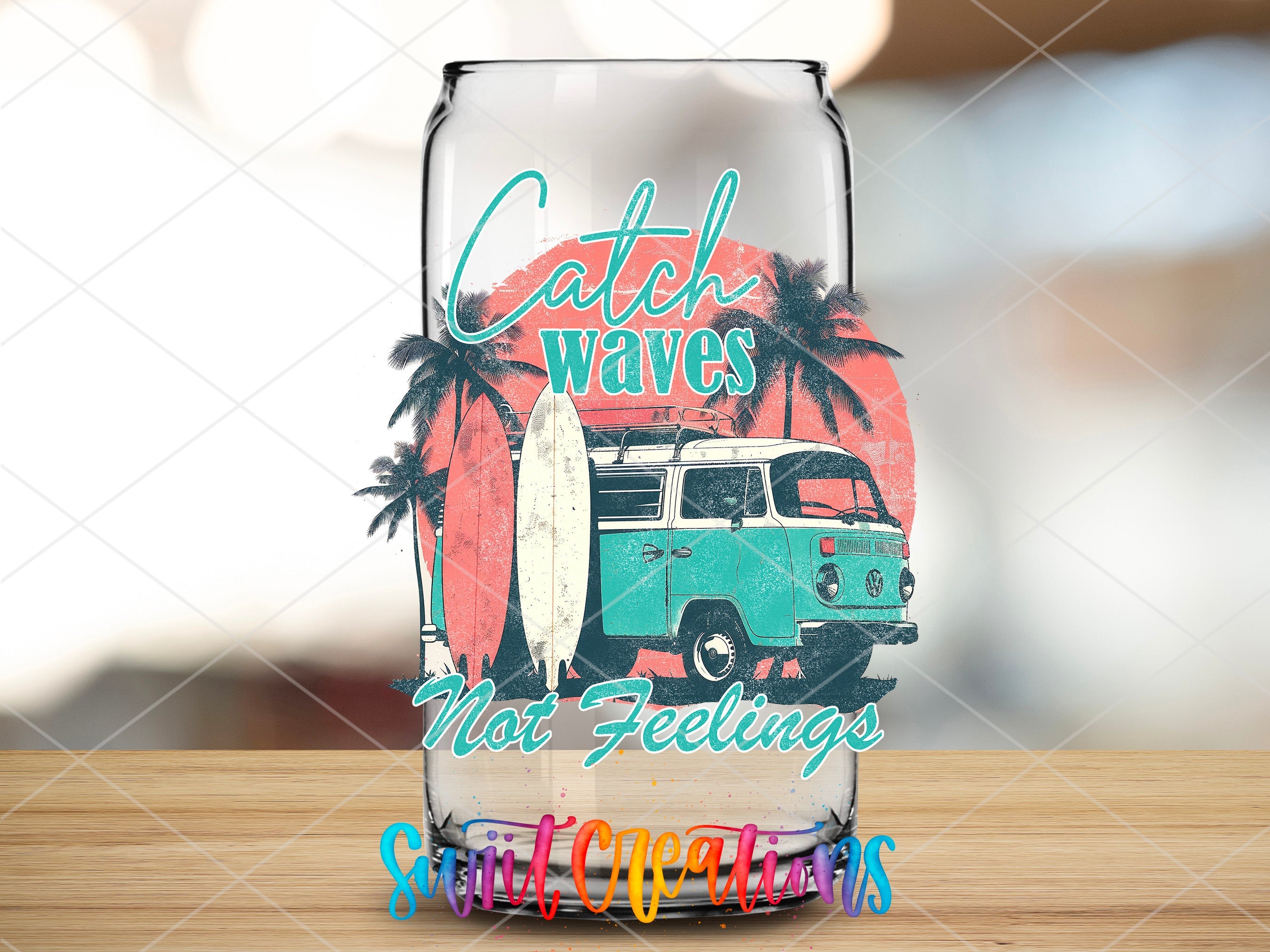 a glass with a picture of a van on it