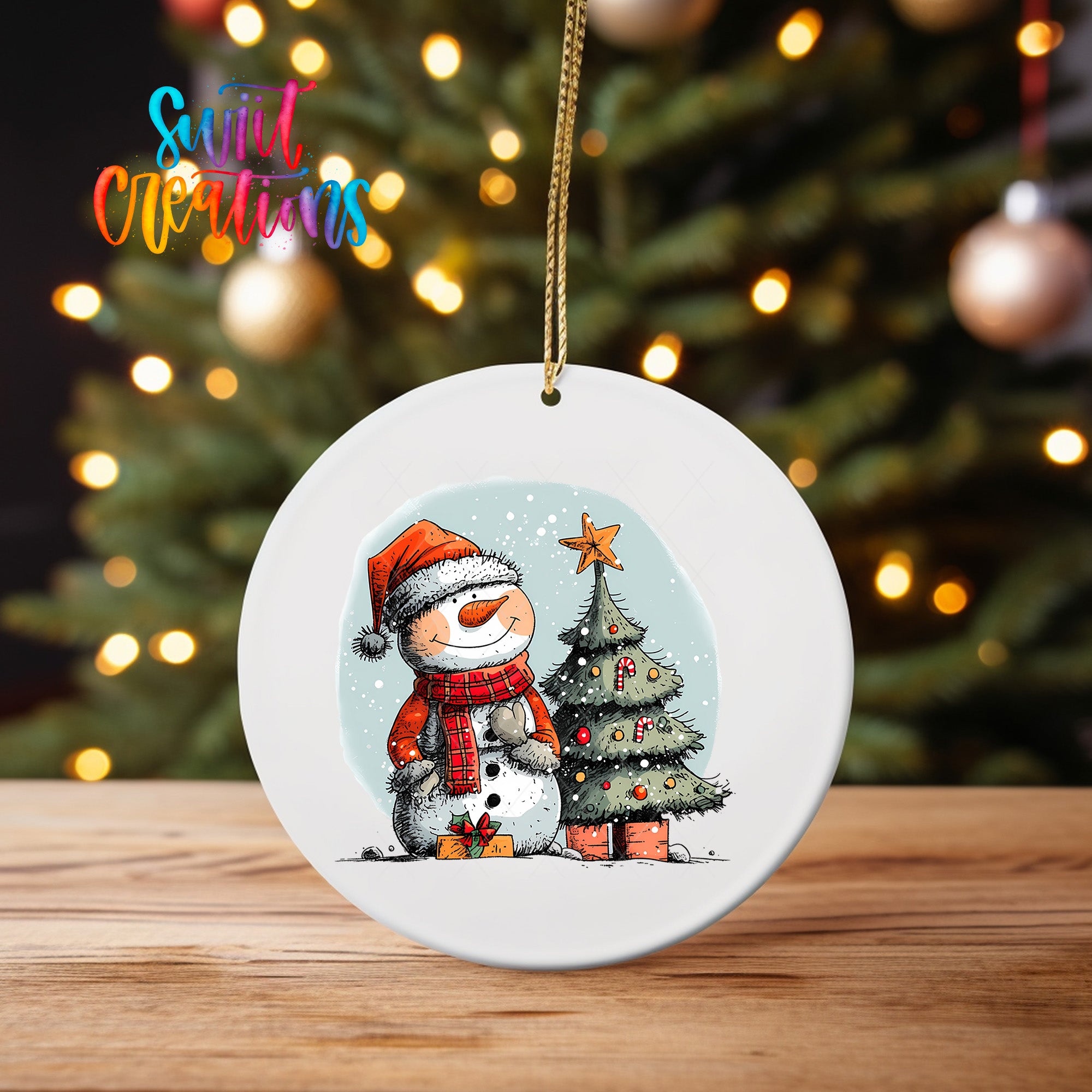 A white oval ornament featuring a snowman and a Christmas tree, with a colorful background of lights.