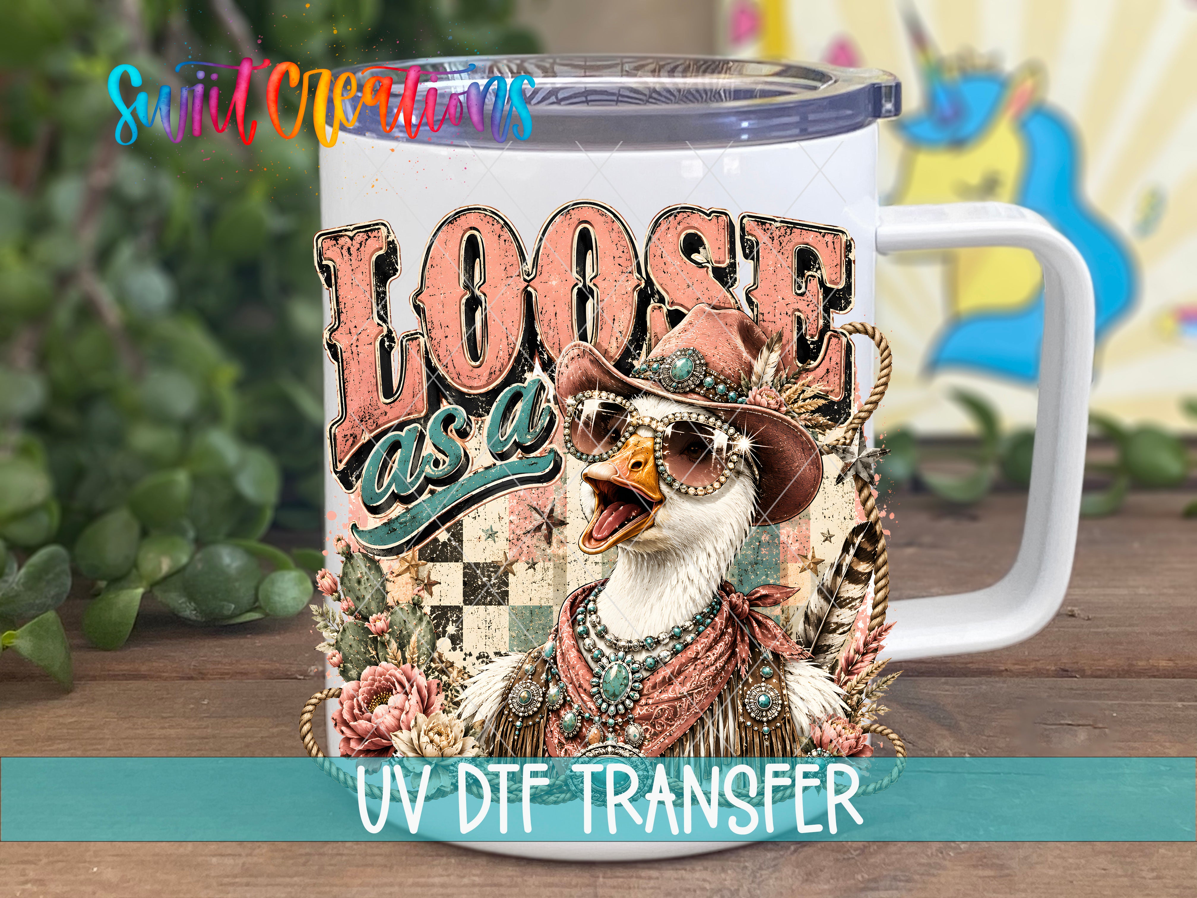 A mug with a colorful, whimsical design featuring a cartoon duck wearing sunglasses and a hat, surrounded by various decorative elements.