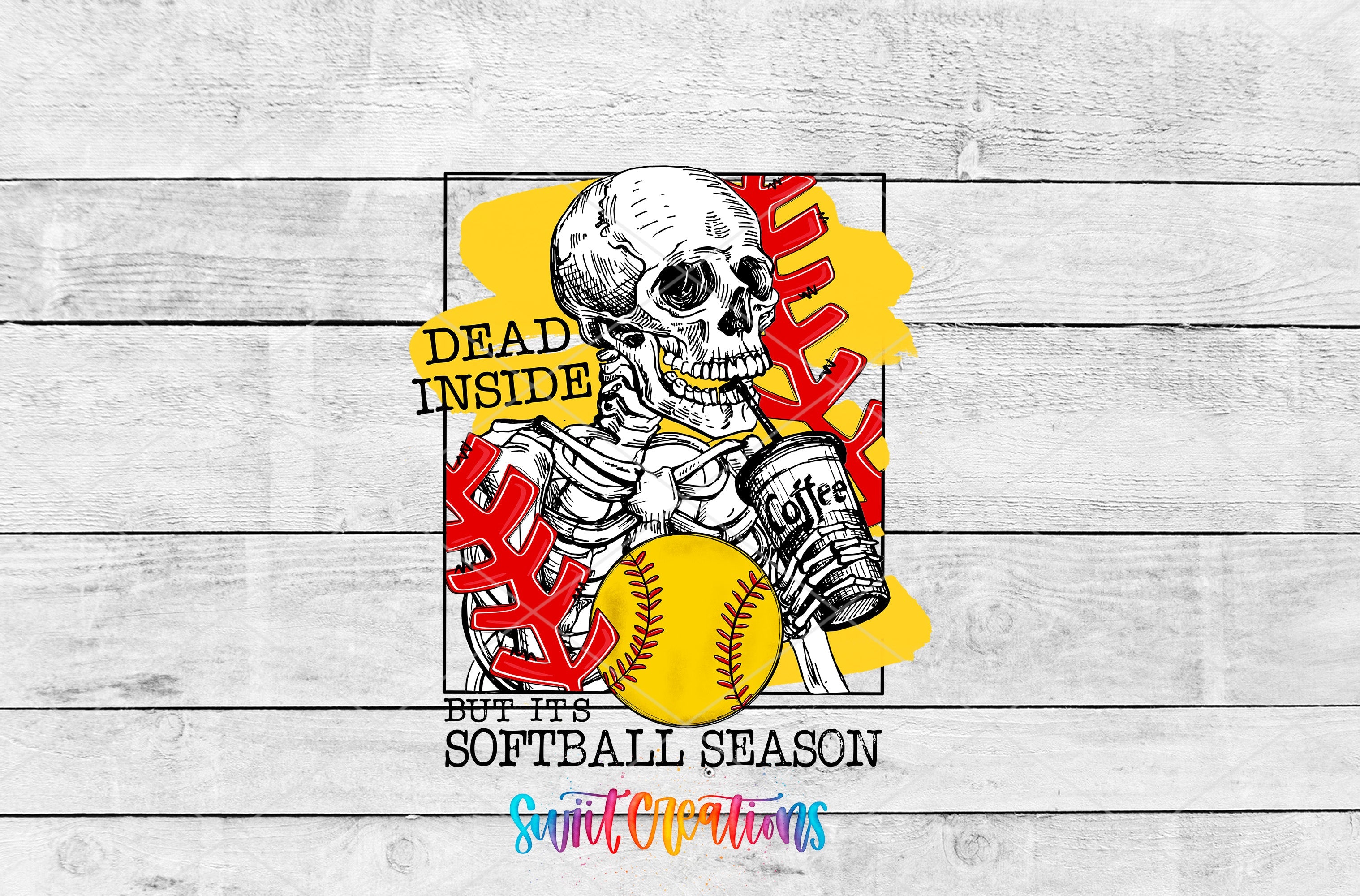 a wooden wall with a baseball and a skeleton on it