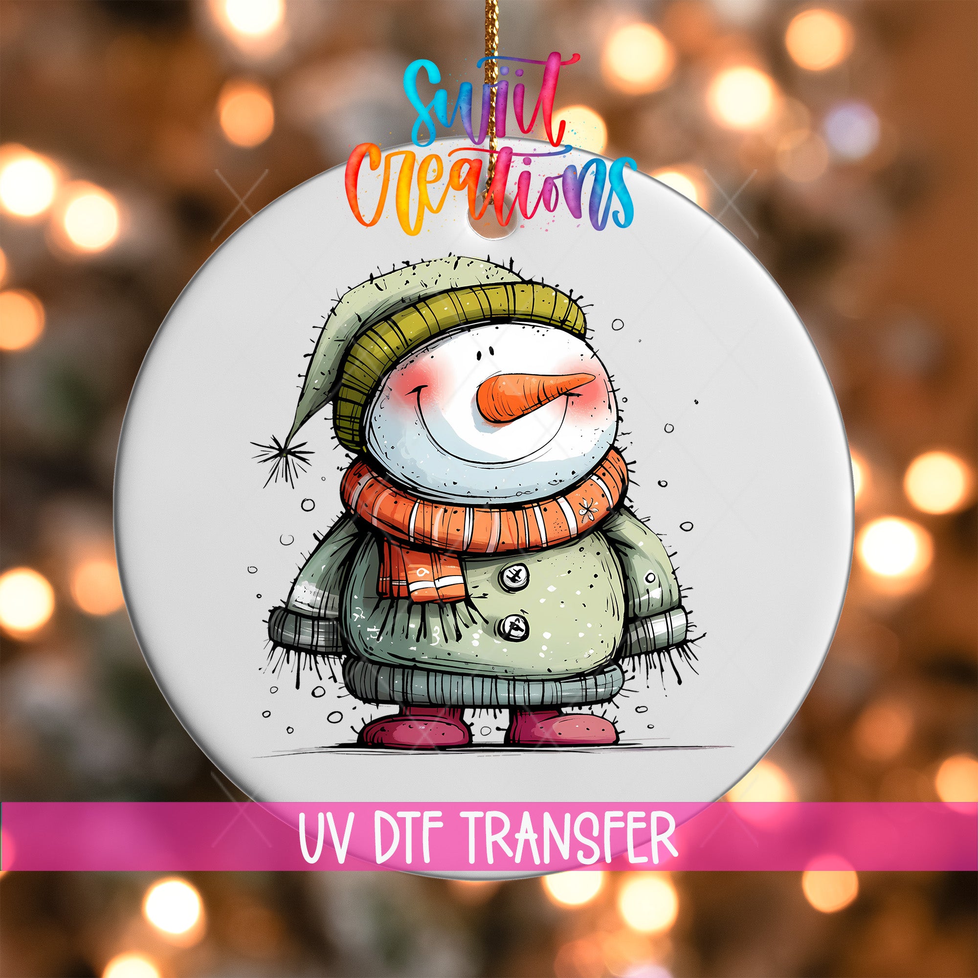 A snowman ornament with a colorful scarf and hat, set against a background of colorful lights.