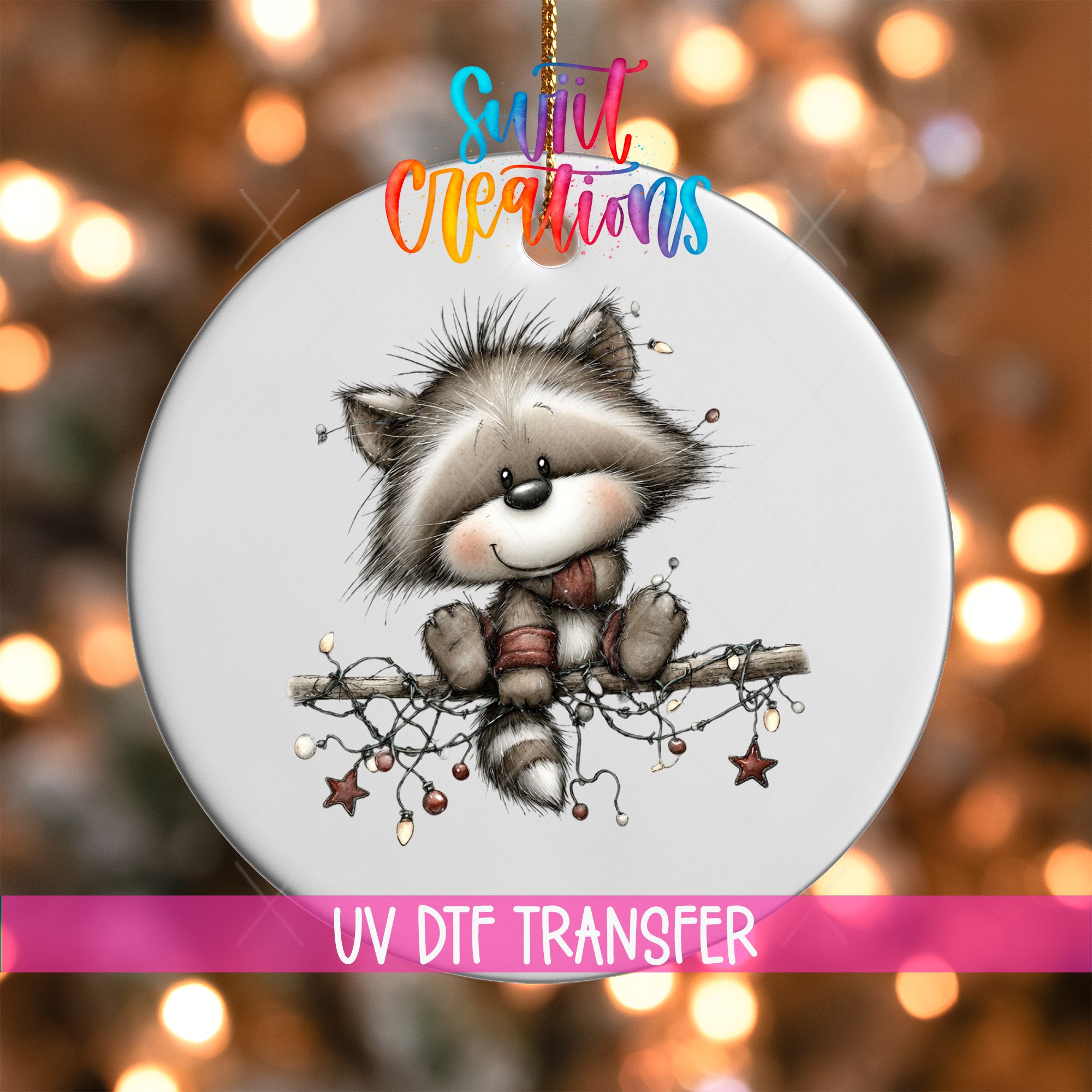 A ceramic ornament featuring a raccoon sitting on a branch with lights and stars.