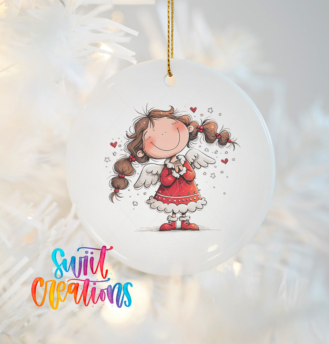 A white ceramic ornament featuring a smiling girl with long hair and wings, surrounded by stars and hearts.