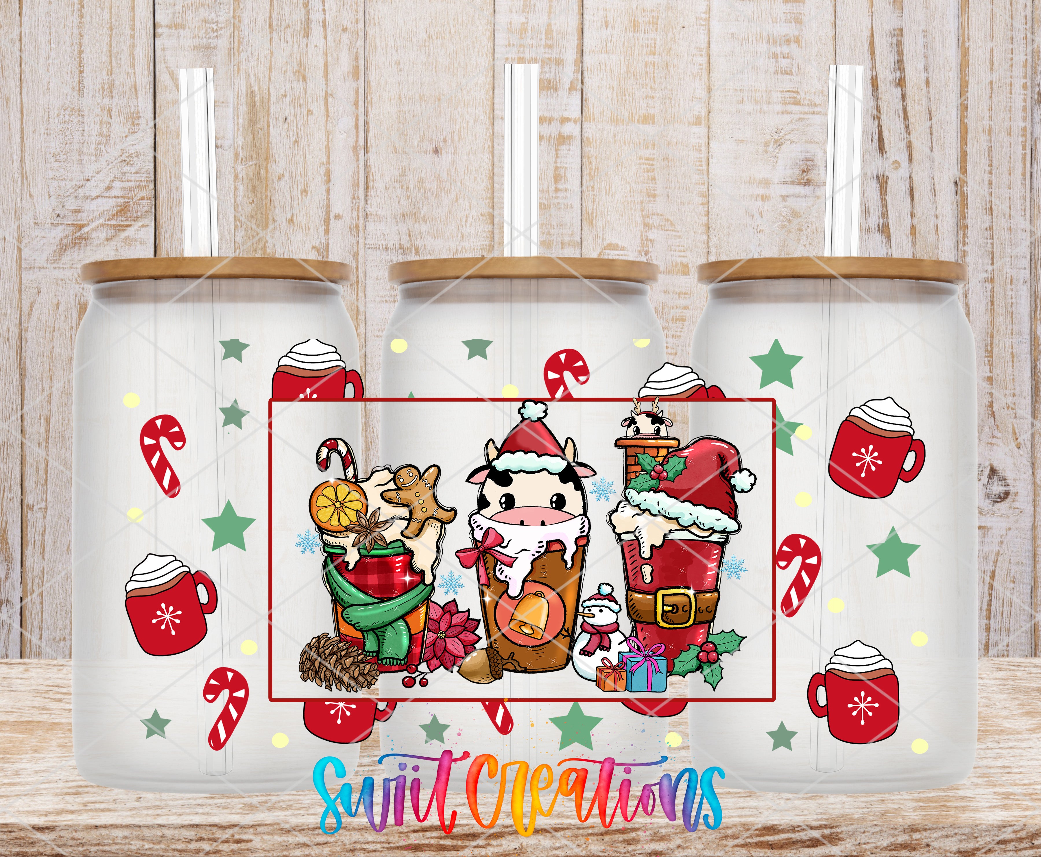 A collage of three glass tumblers with Christmas-themed designs, including Santa Claus, a cow, and various holiday decorations such as snowflakes, stars, and candy canes.