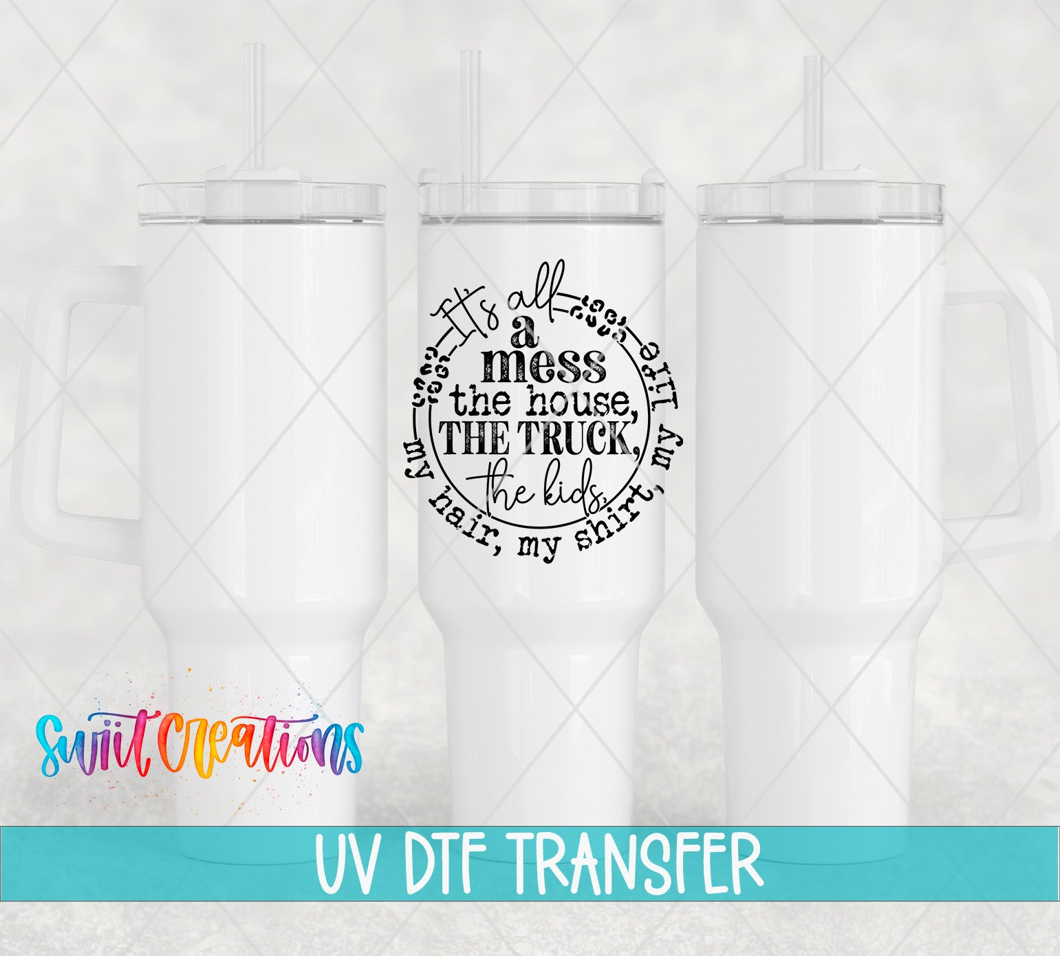 three white tumblers with a black text design on them.