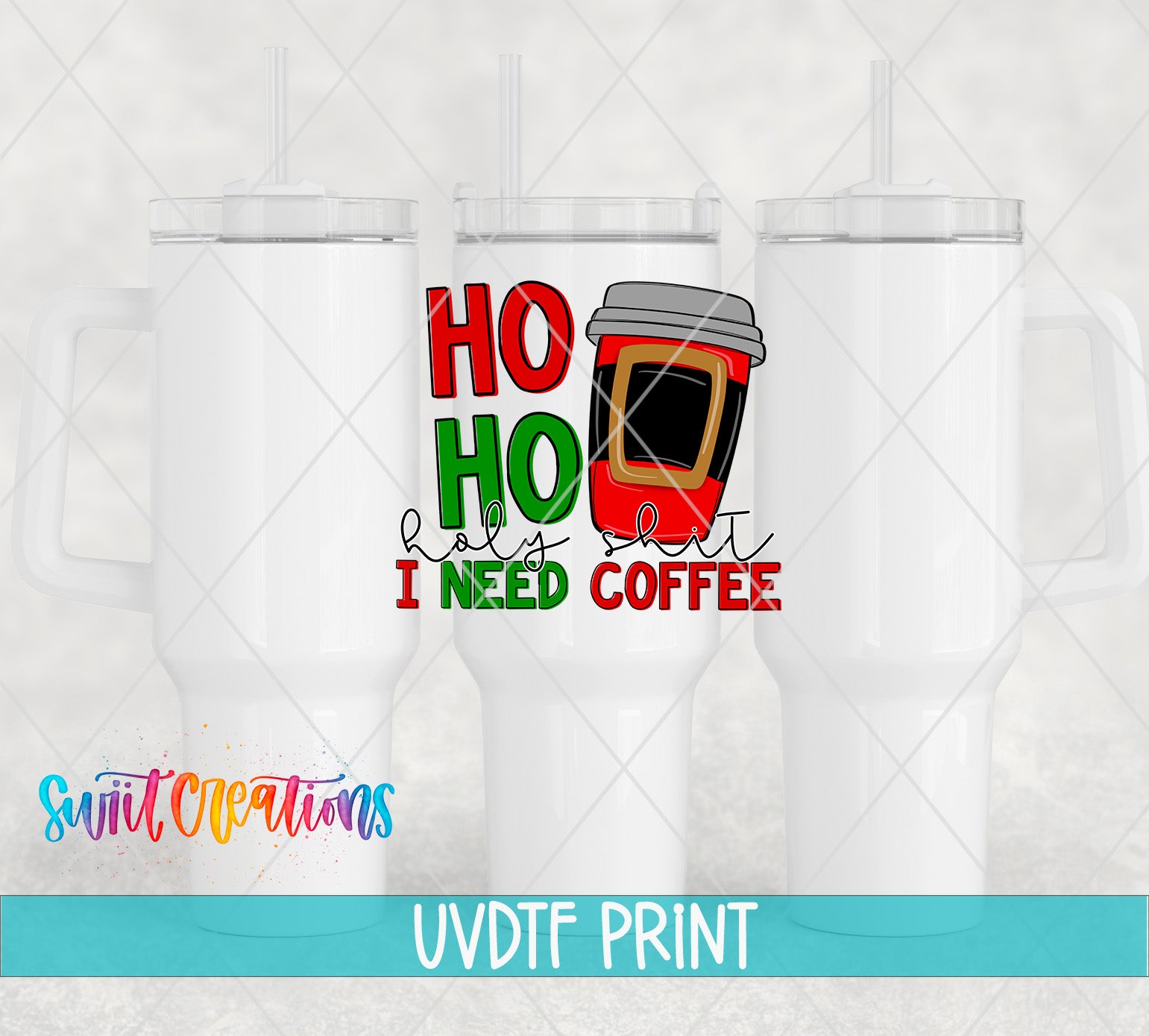a white cup with a red and green design, along with the text "HO HO I NEED COFFEE" and the company name "Switc Productions" printed on it.