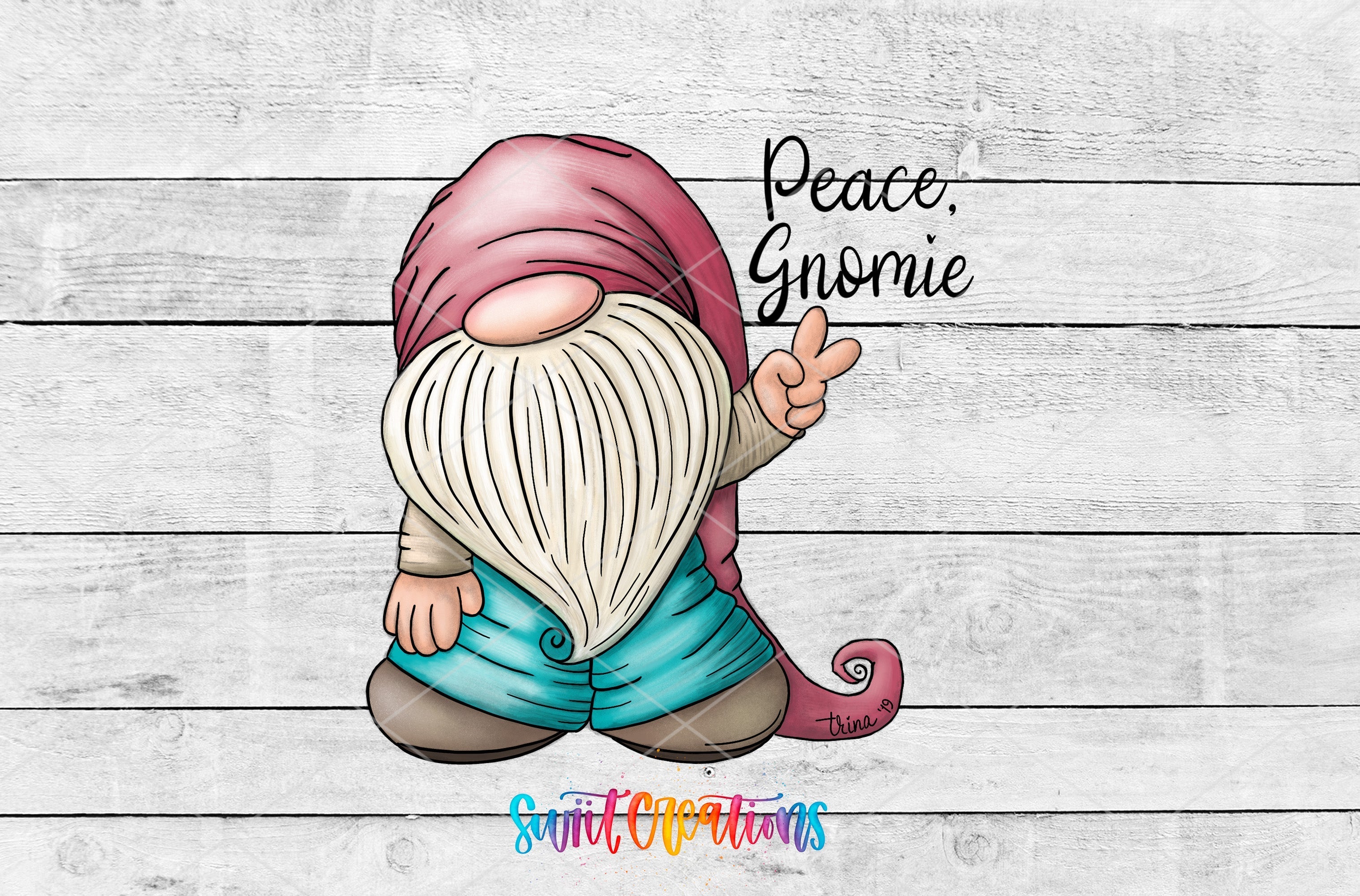 a gnome with a sign that says peace, gnomeie