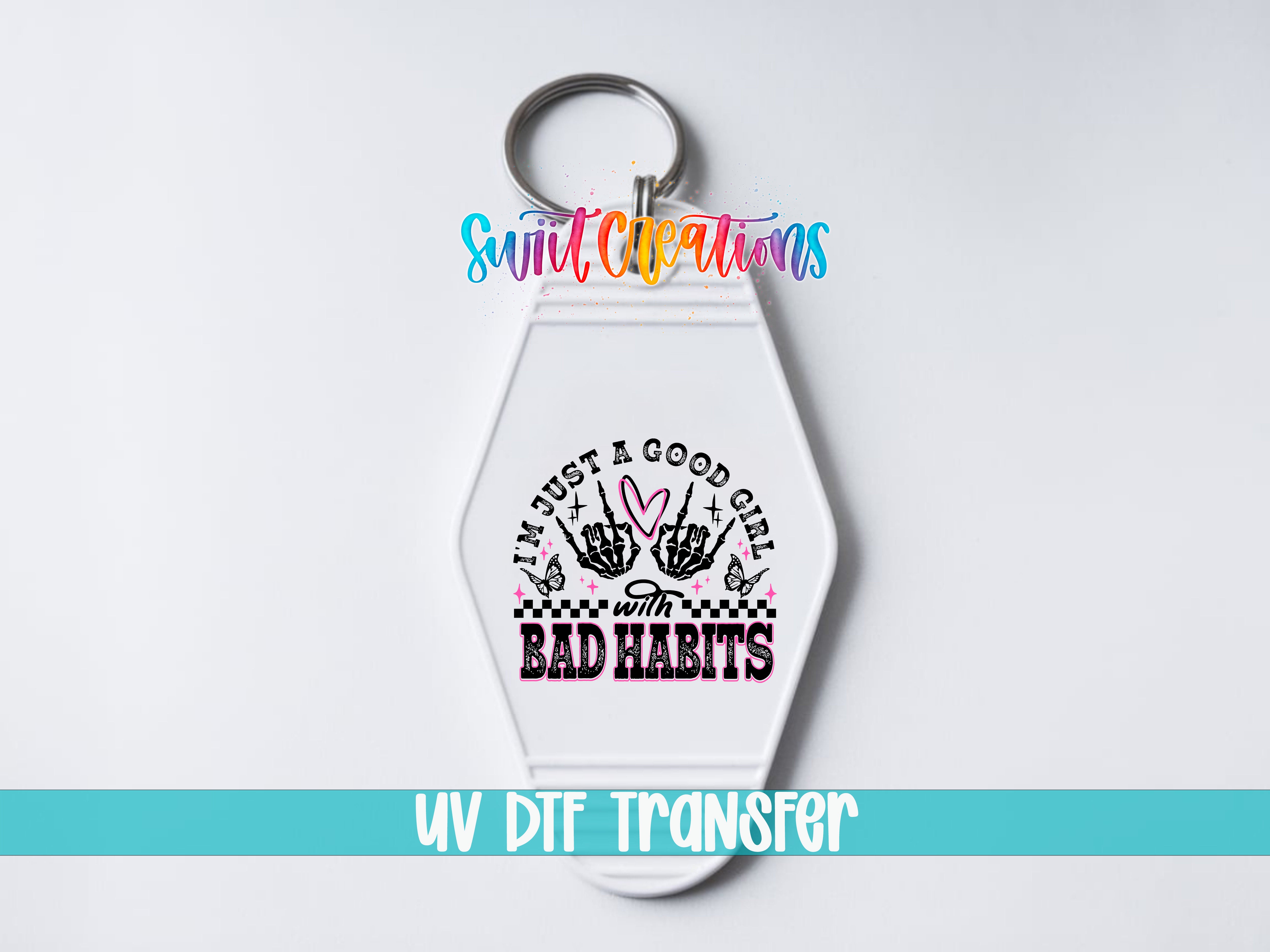 A keychain with a colorful design and text on it.