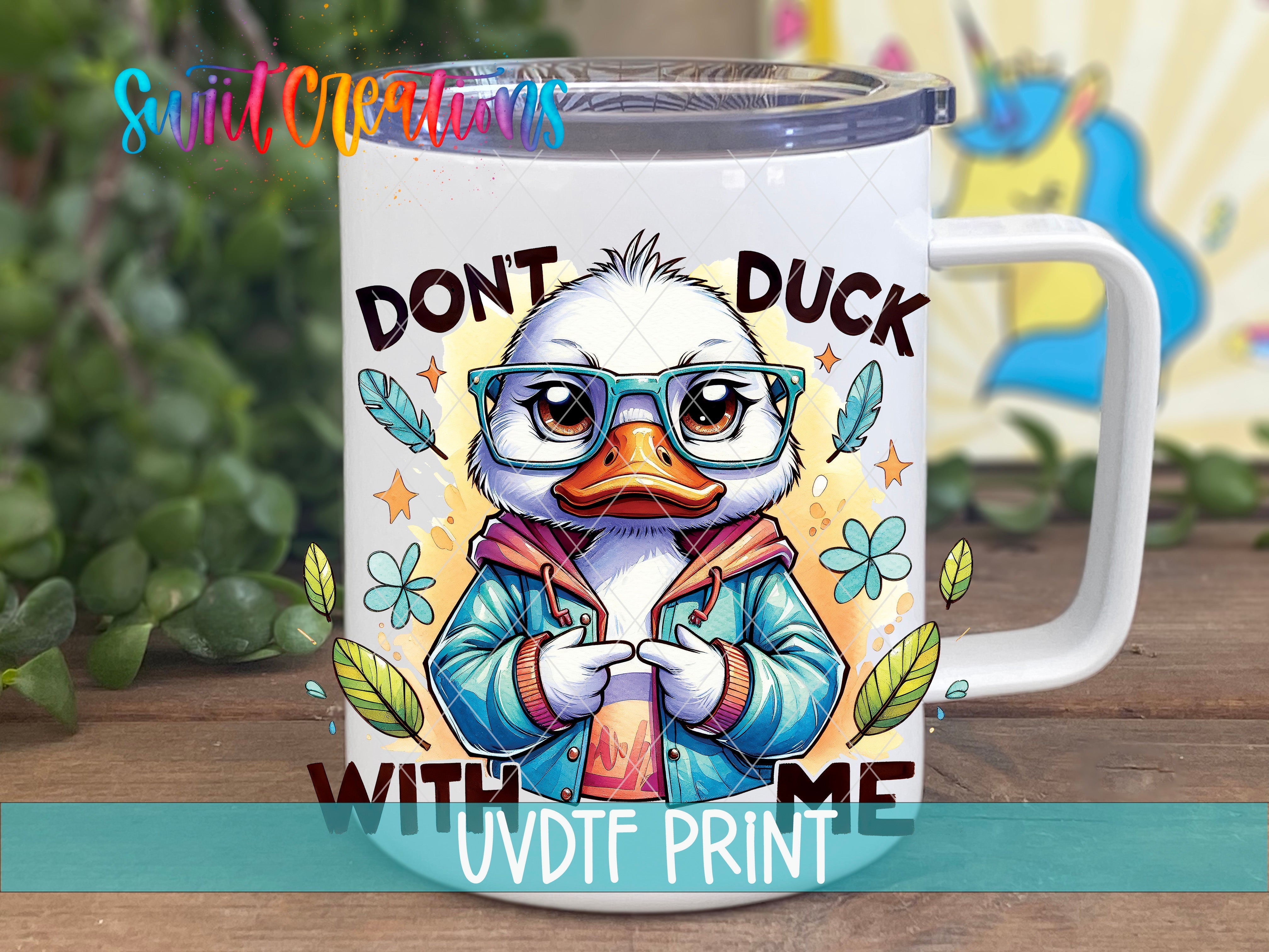 a white coffee mug with an image of a duck wearing glasses