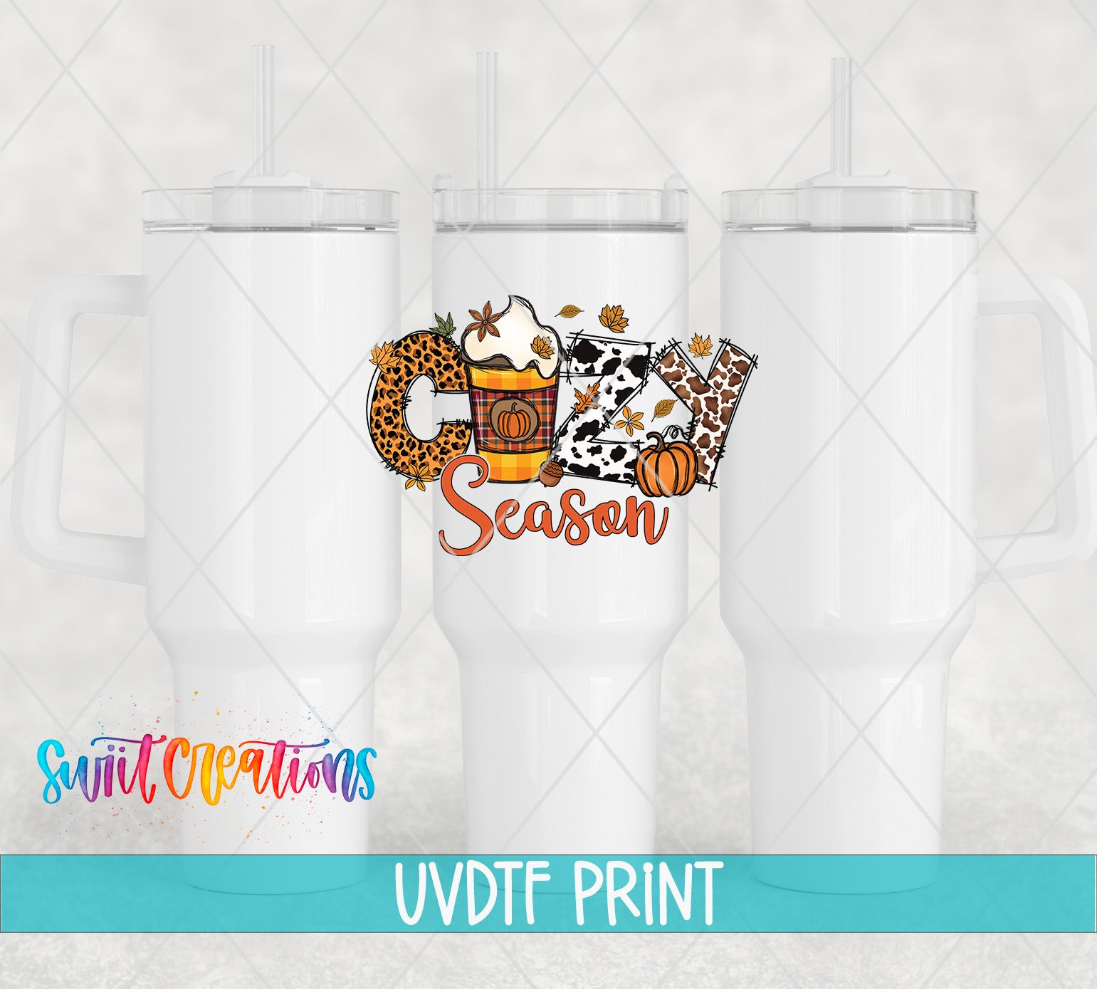 three white tumblers with a colorful and festive design on them, including a pumpkin, a cow, and the word "Season".