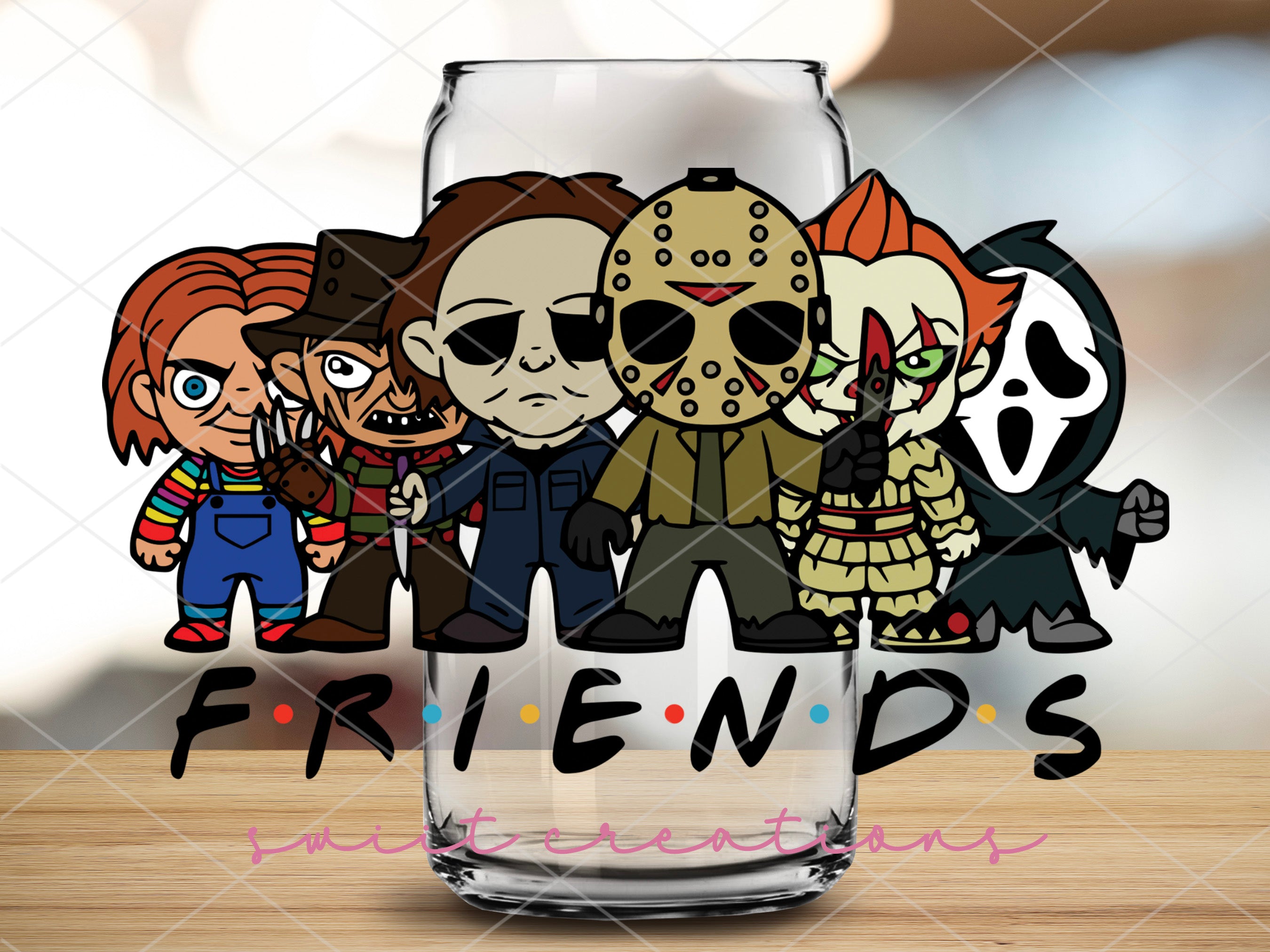 a glass with some cartoon characters on it