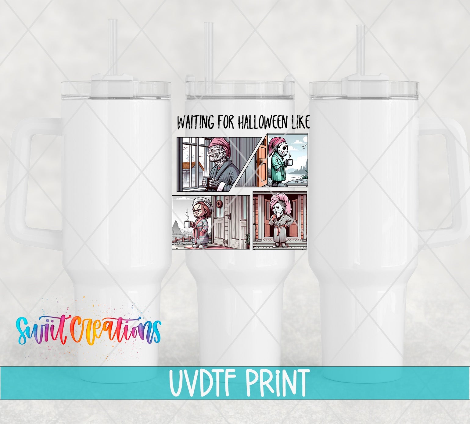 three white coffee mugs with pictures of people on them