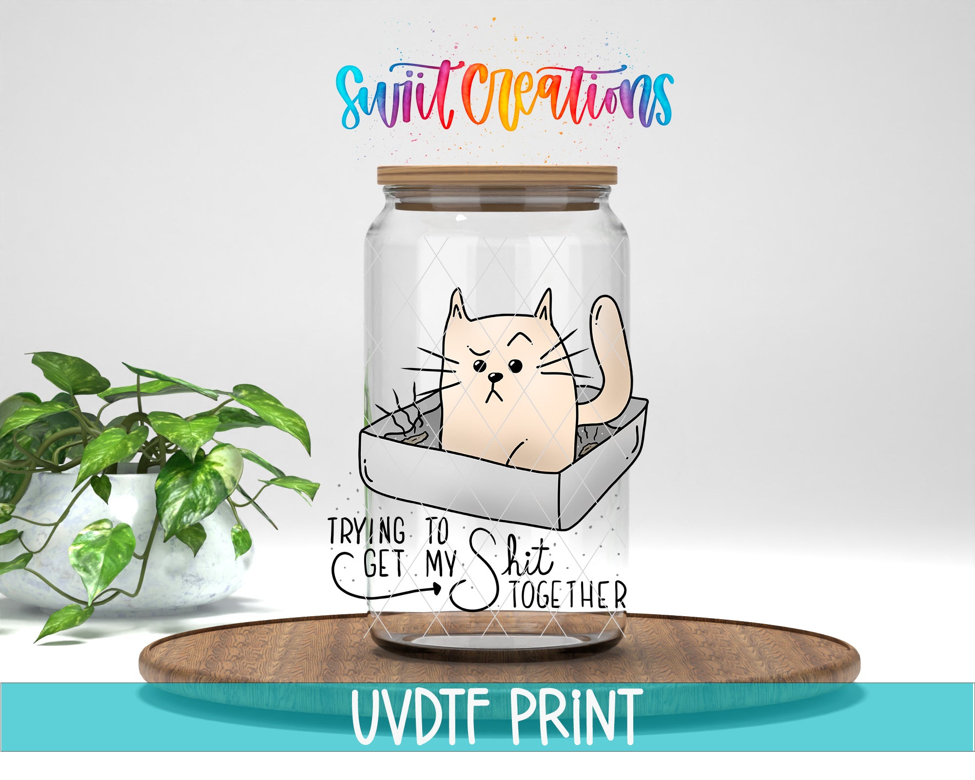 A glass jar containing a cartoon cat, with the text "Trying to get my shit together" written on it. The jar is placed on a wooden surface, and there is a potted plant in the background.