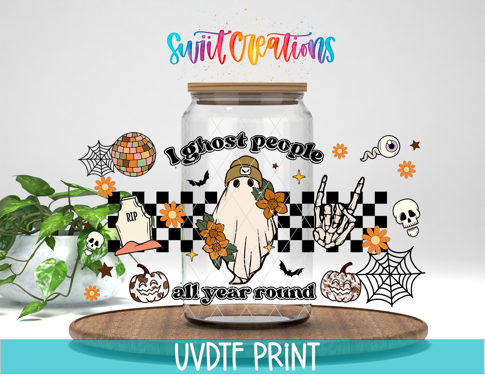 The image is a Halloween-themed graphic featuring a ghost, a skeleton, a skull, a spider, a pumpkin, and various other Halloween-related symbols. The text "I ghost people all year round" is displayed prominently, and the phrase "Swift Creations" is written above the image.