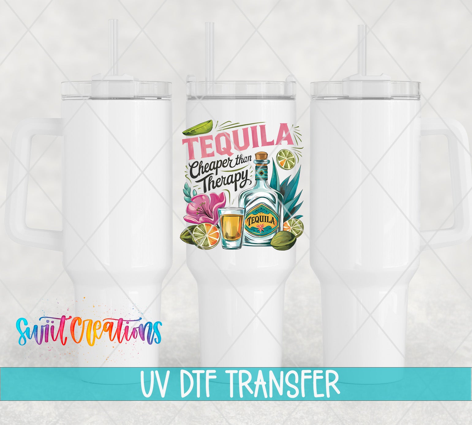 a white tumbler with a colorful graphic design on it, including a tequila bottle, lime slices, and other tropical elements.
