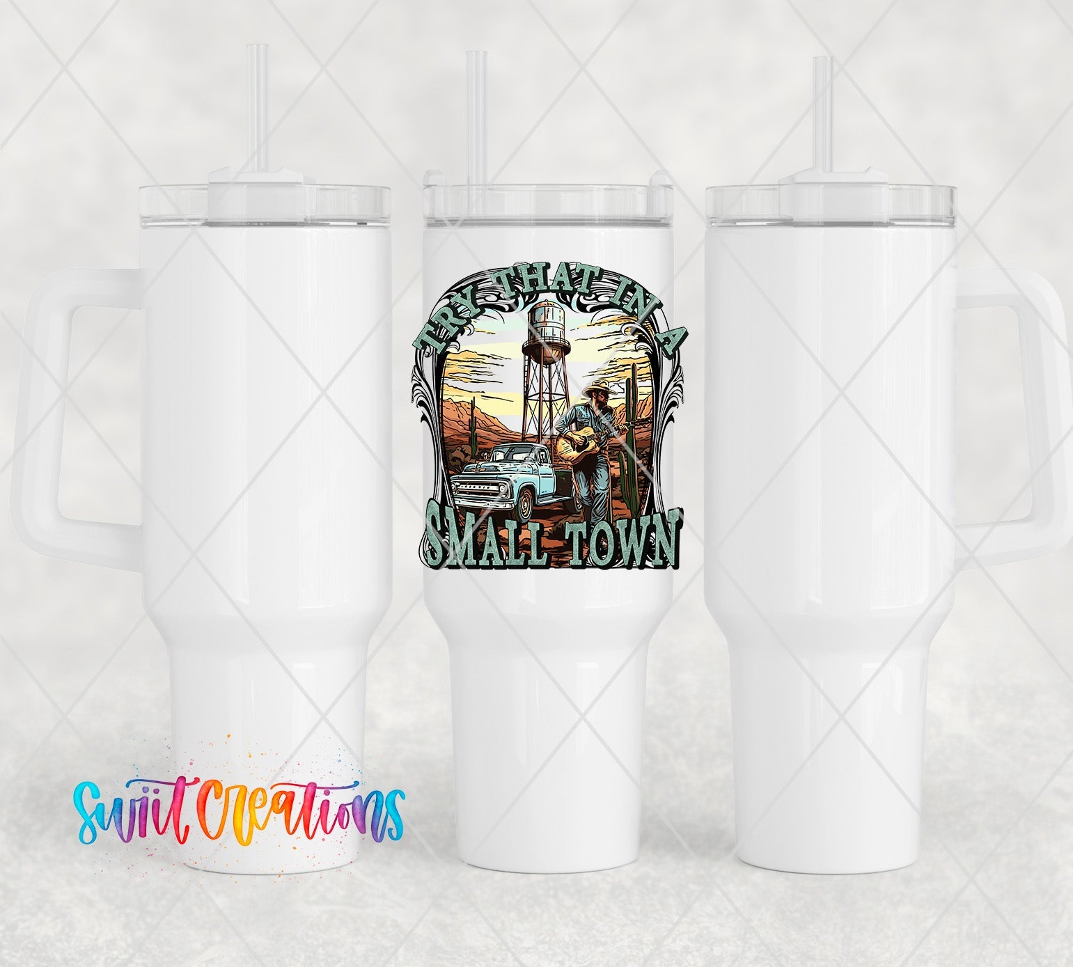 a white tumbler cup with a picture of a man riding a motorcycle