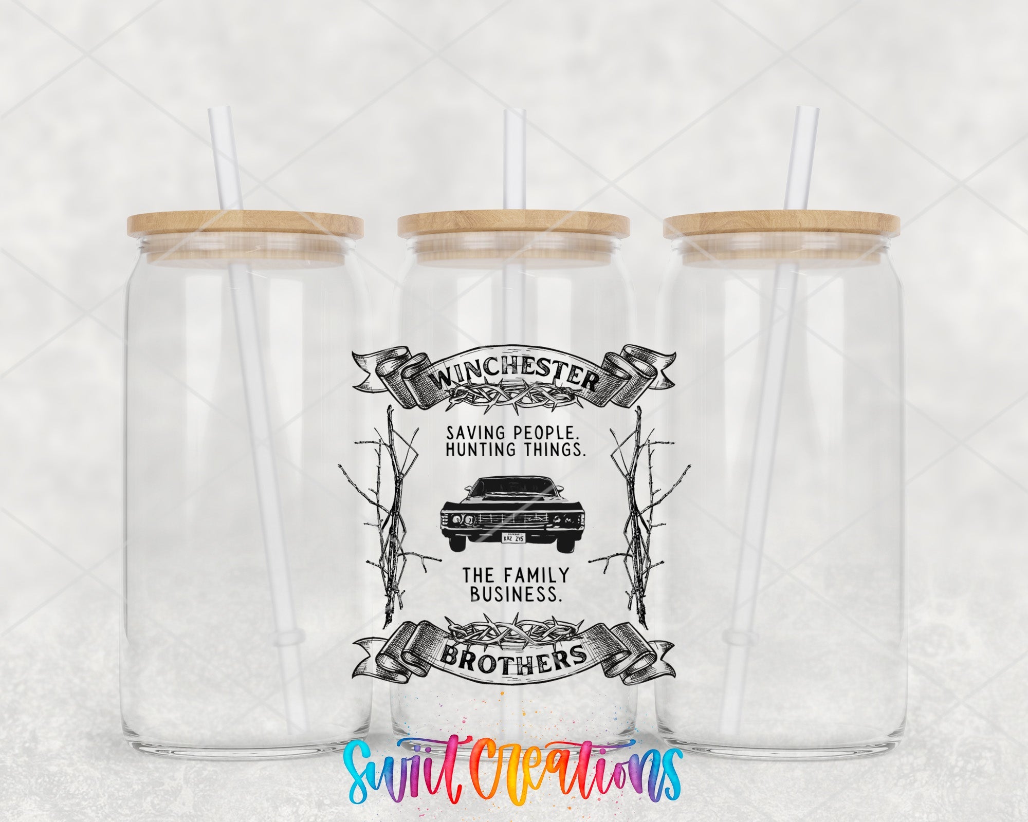 a couple of glass jars sitting on top of a table