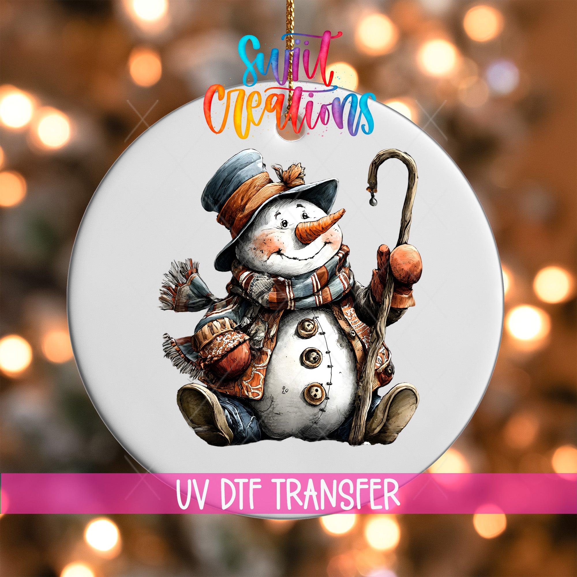 A snowman ornament with a hat, scarf, and cane, set against a background of colorful lights.
