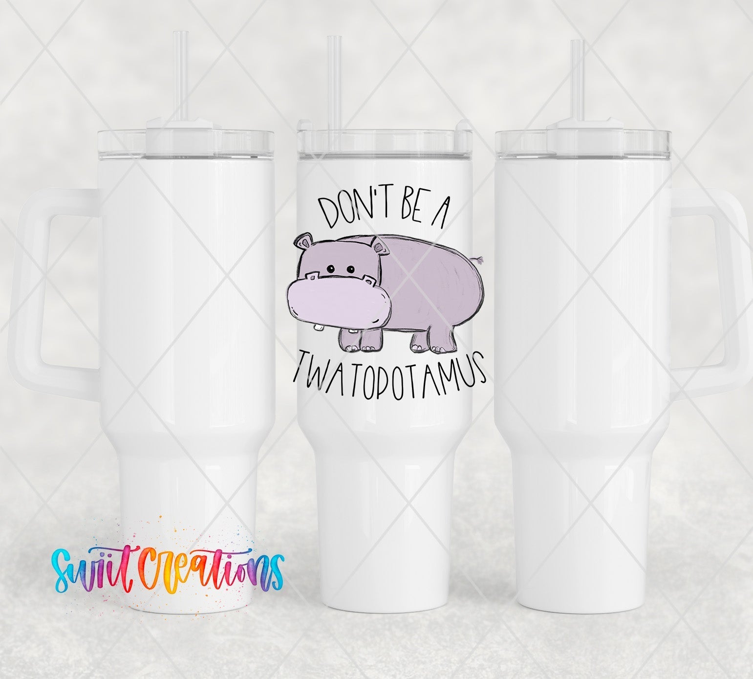 a white tumbler cup with a hippo on it