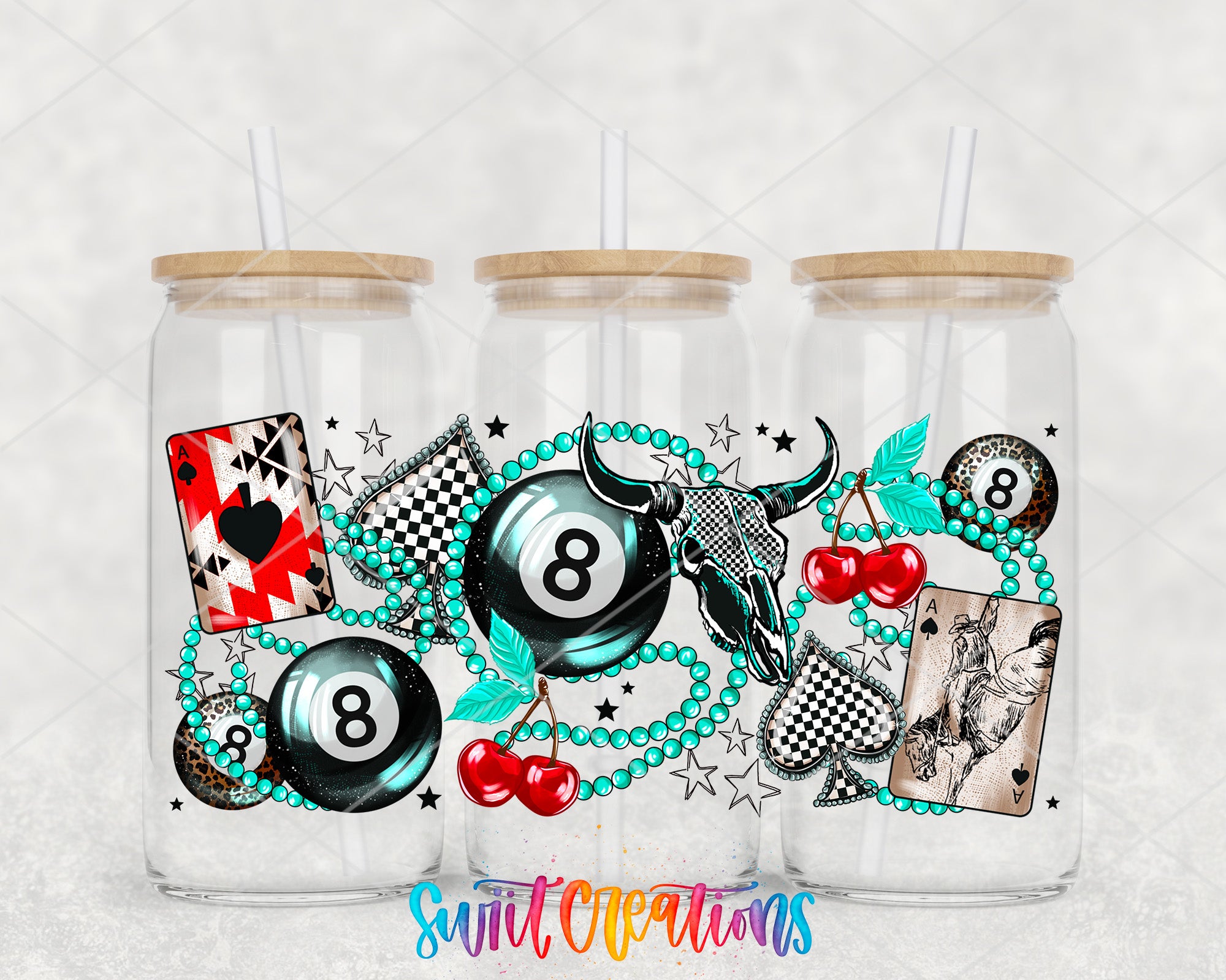 three glass tumblers with various casino-themed designs and illustrations, including playing cards, billiard balls, beads, and a skull.