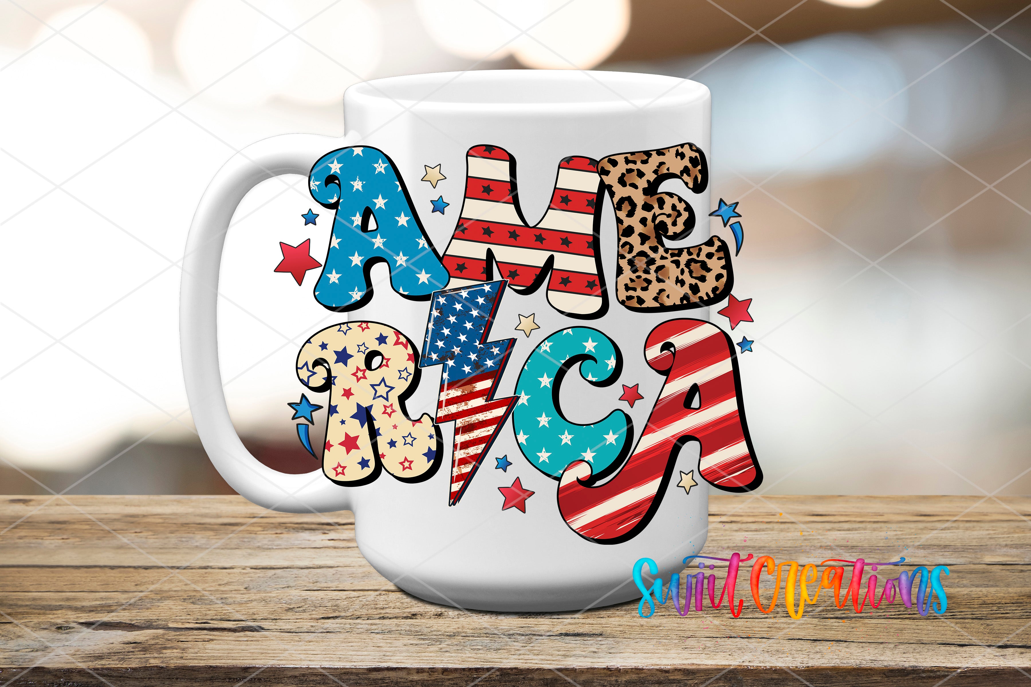 A white mug with the word "AMERICA" written on it in a stylized, colorful design.
