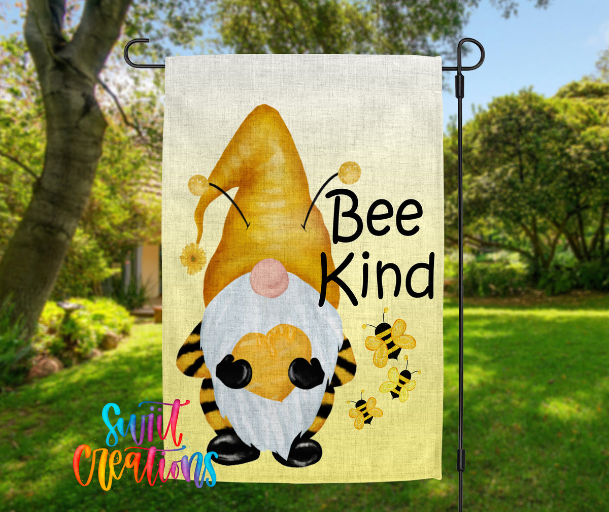 A garden gnome with a yellow hat and a heart-shaped emblem is featured on a banner with the text "Bee Kind" and illustrations of bees.